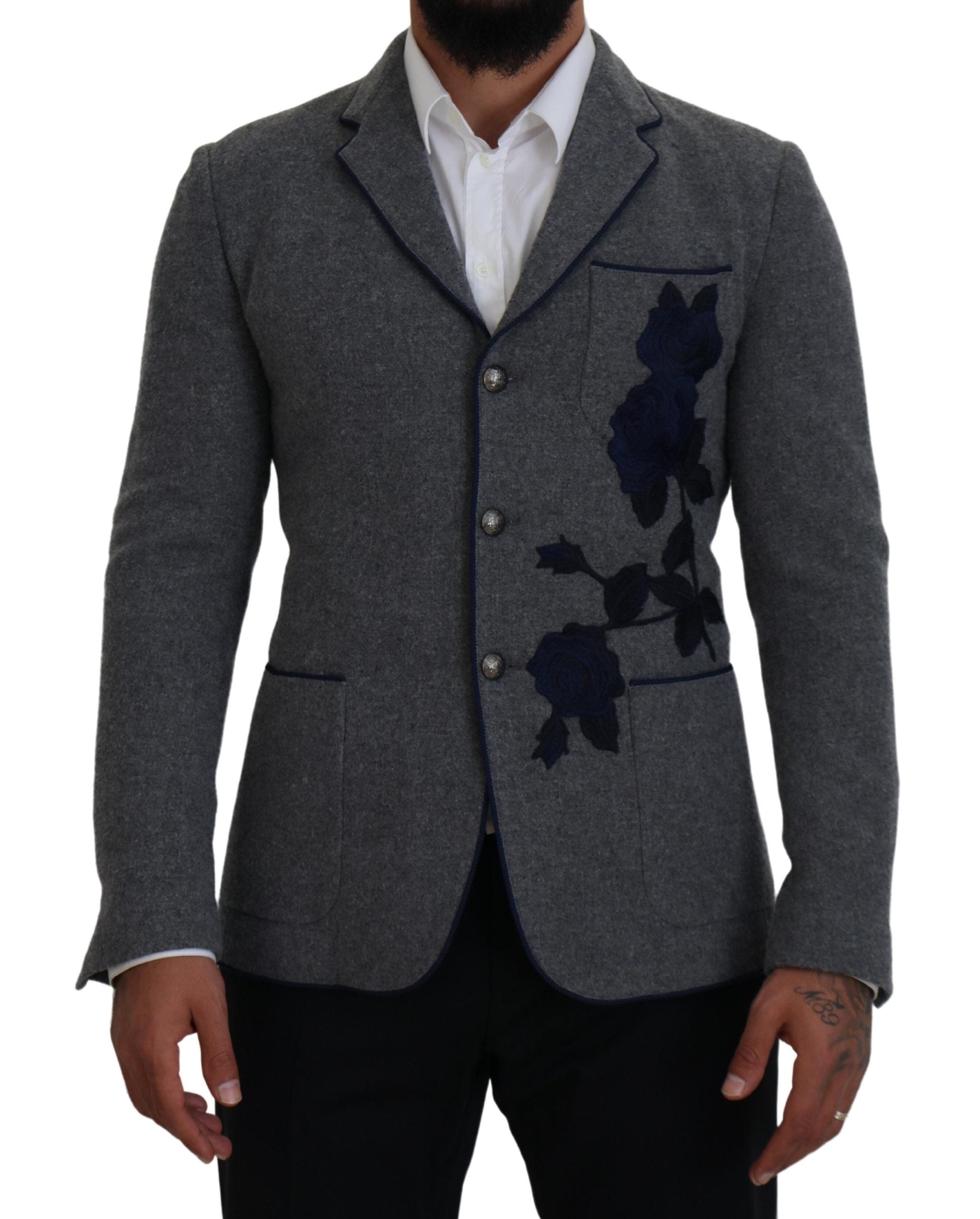 Sacou elegant Dolce & Gabbana din lână gri cu broderie cu trandafiri albaștri