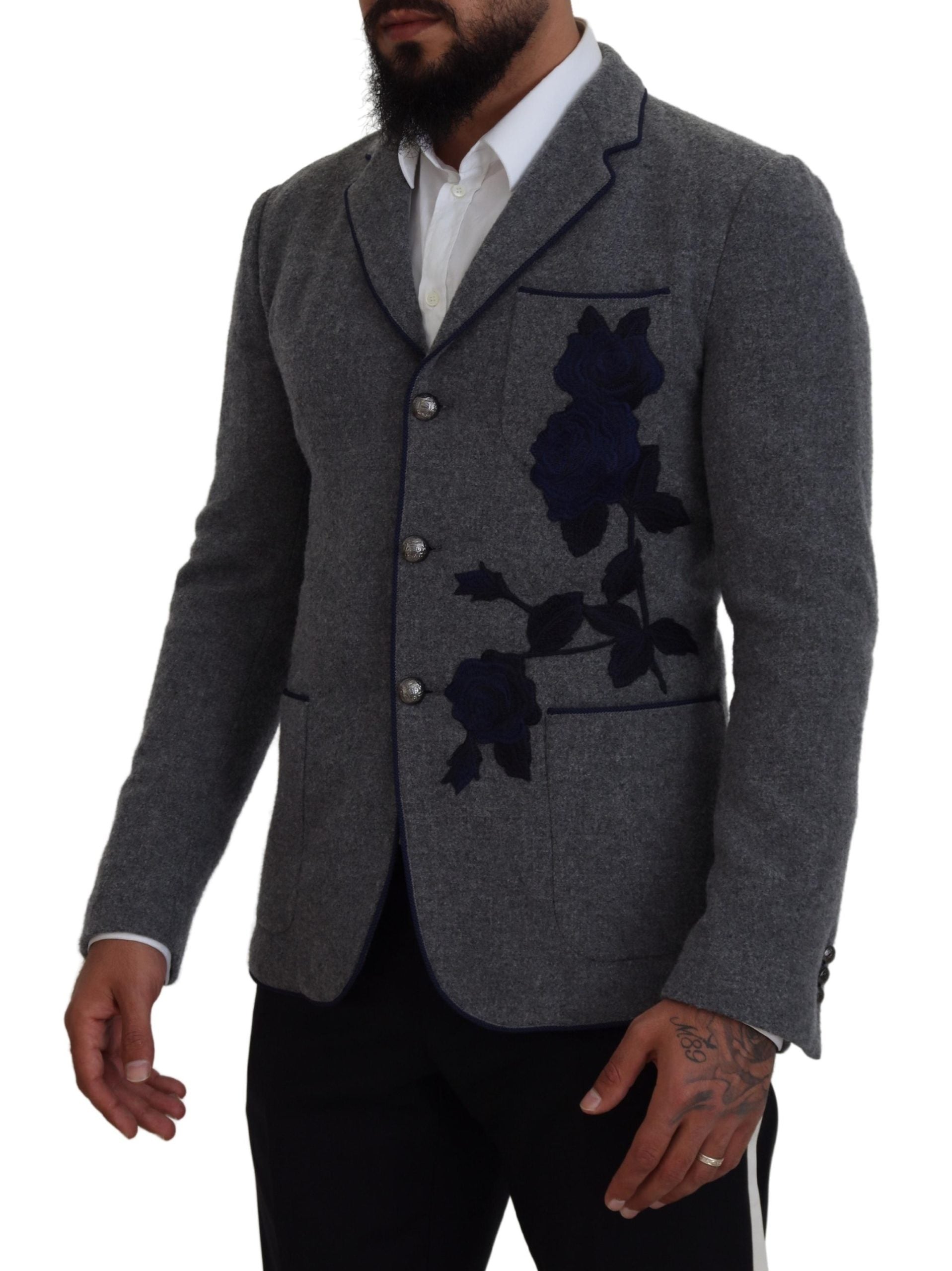 Sacou elegant Dolce & Gabbana din lână gri cu broderie cu trandafiri albaștri