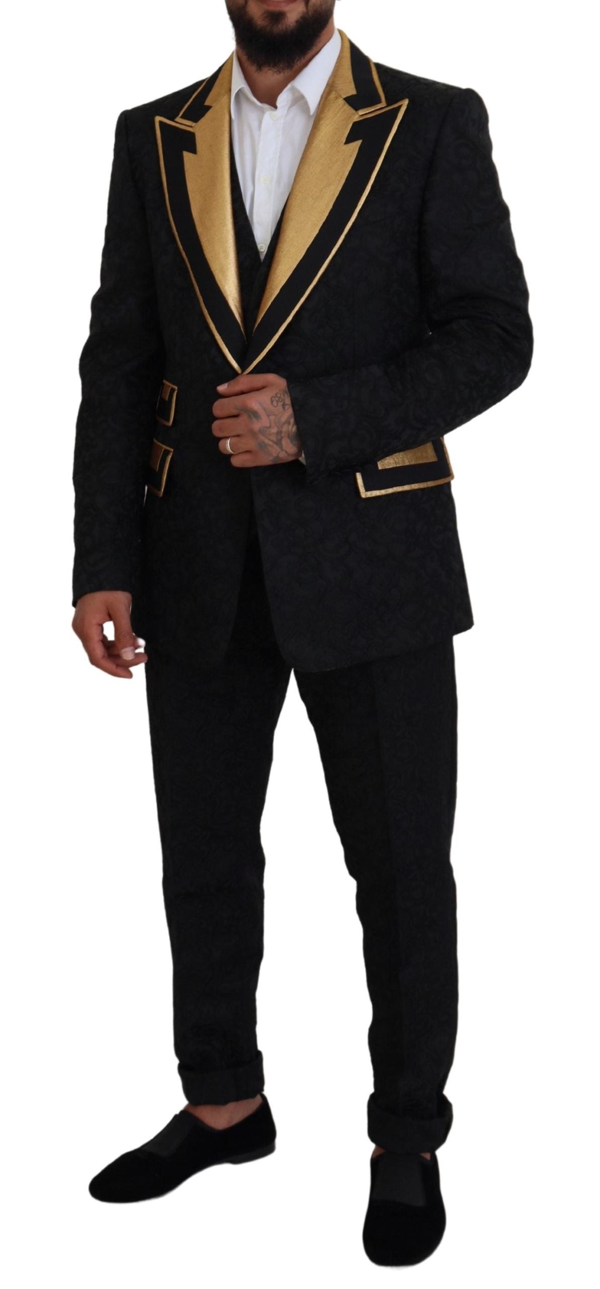 Dolce & Gabbana – Eleganter, schwarz-goldener Slim-Fit-3-teiliger Anzug
