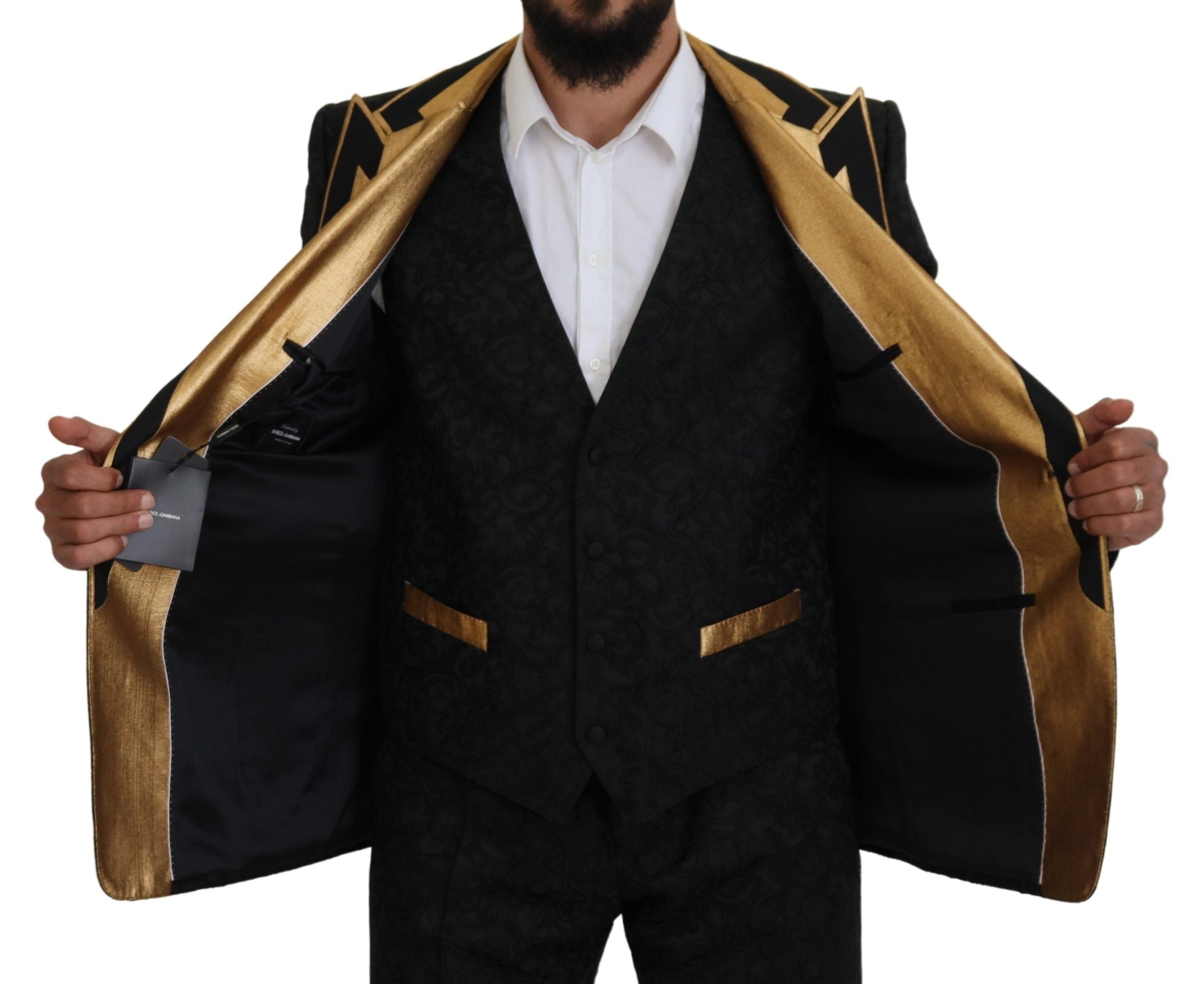 Dolce & Gabbana – Eleganter, schwarz-goldener Slim-Fit-3-teiliger Anzug