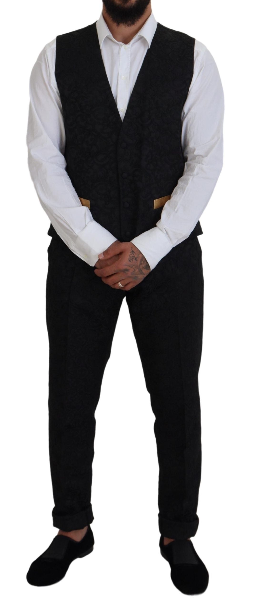Dolce & Gabbana – Eleganter, schwarz-goldener Slim-Fit-3-teiliger Anzug