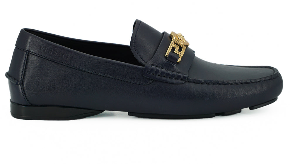 Mocasini eleganți din piele de vițel bleumarin Versace