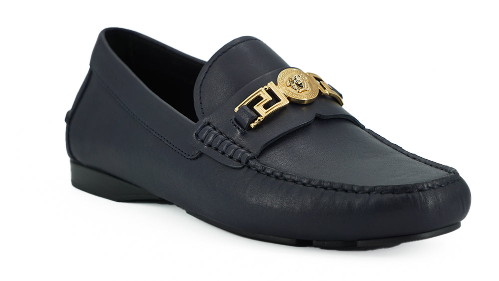 Mocasini eleganți din piele de vițel bleumarin Versace
