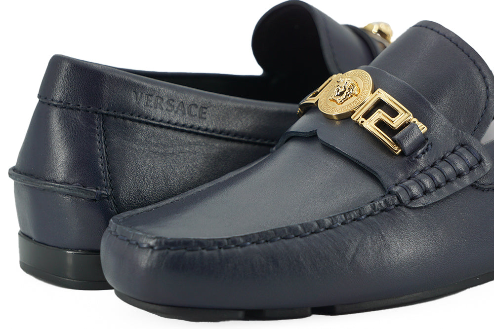 Mocasini eleganți din piele de vițel bleumarin Versace