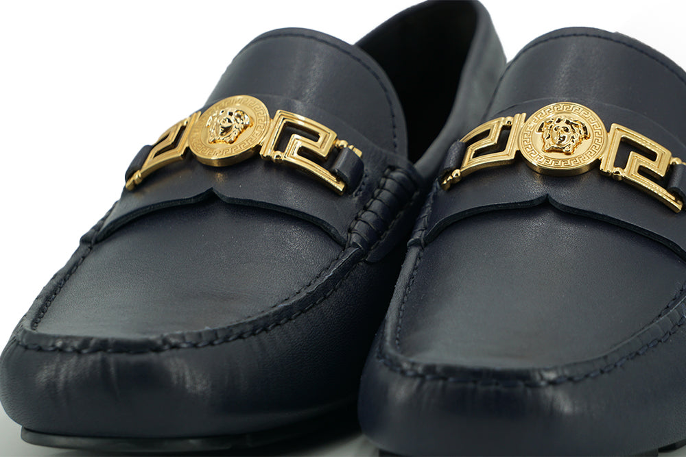 Mocasini eleganți din piele de vițel bleumarin Versace