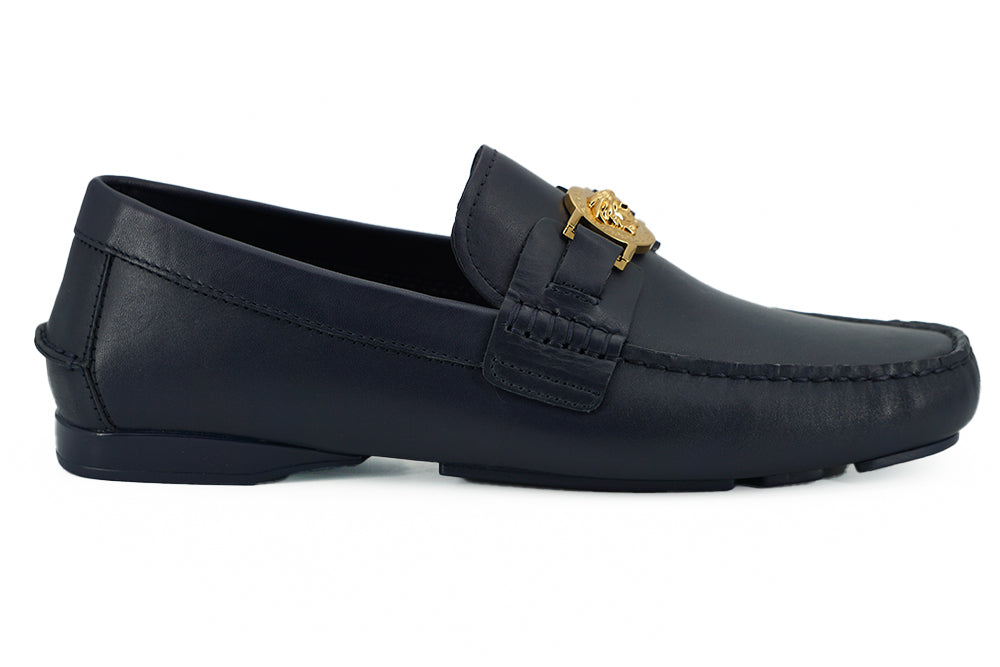 Mocasini eleganți din piele de vițel bleumarin Versace