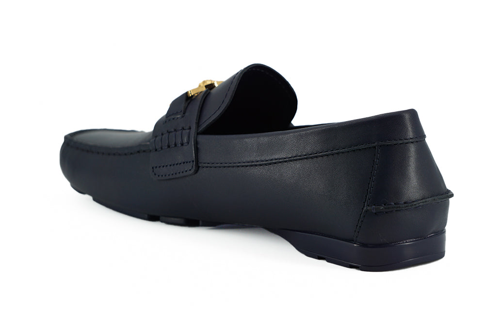 Mocasini eleganți din piele de vițel bleumarin Versace
