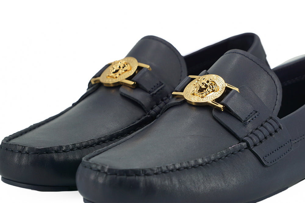 Mocasini eleganți din piele de vițel bleumarin Versace