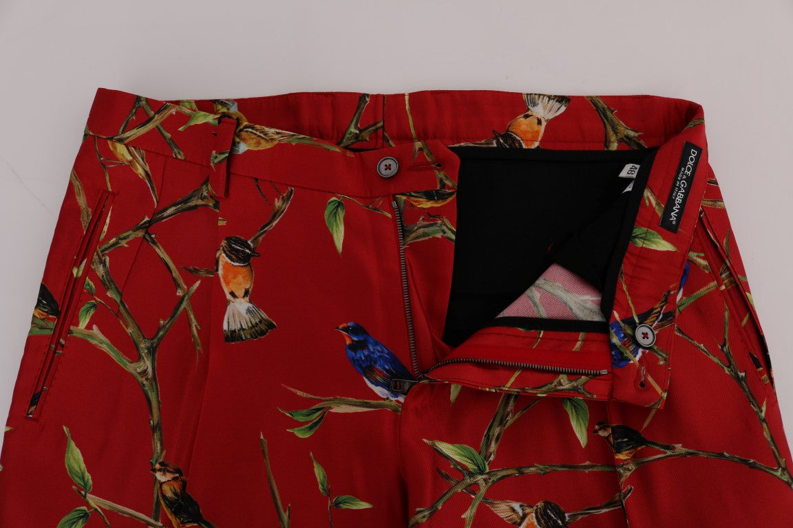Pantaloni eleganți de mătase Dolce & Gabbana cu imprimeu de păsări roșii