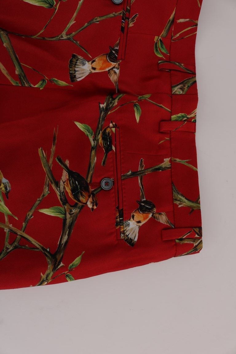 Pantaloni eleganți de mătase Dolce & Gabbana cu imprimeu de păsări roșii