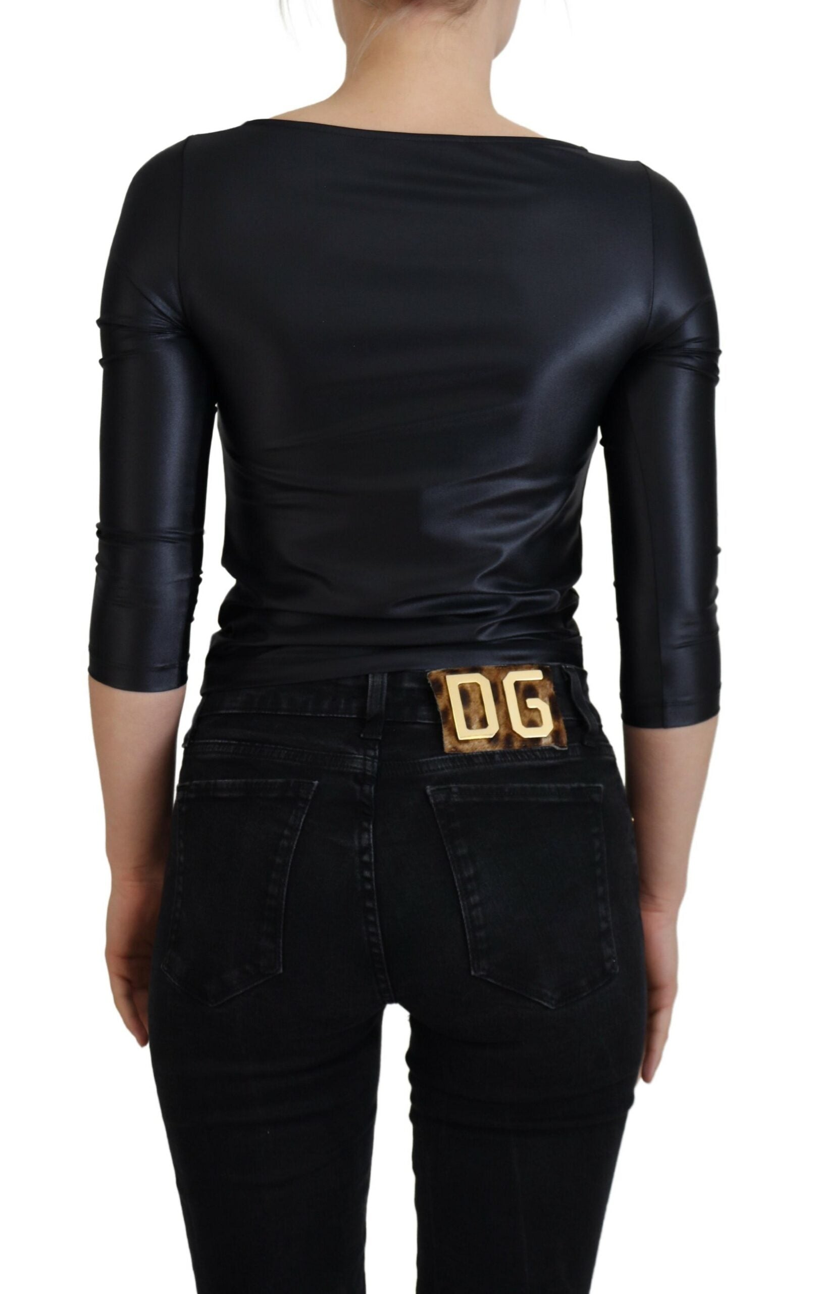 Dolce & Gabbana – Elegantes schwarzes Top mit 3/4-Ärmeln und goldenen Details