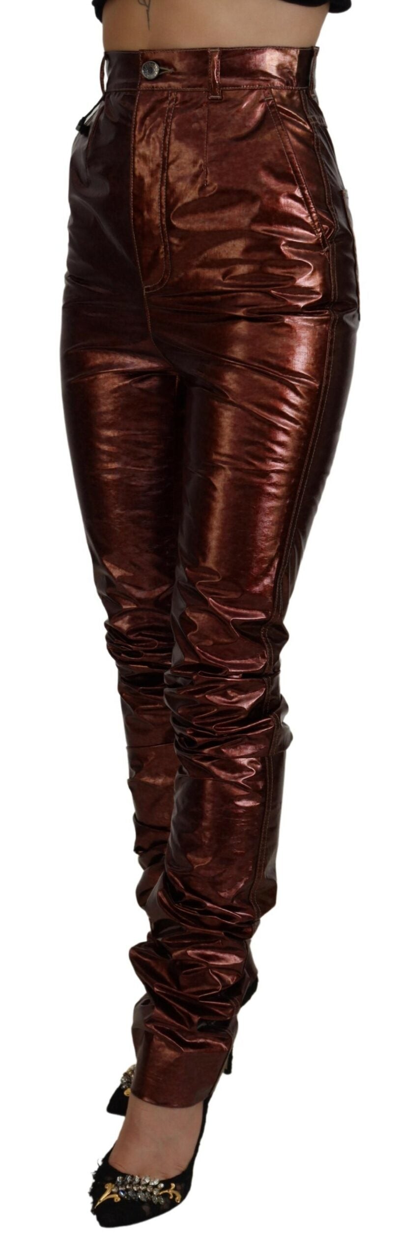 Dolce & Gabbana – Skinny-Jeans mit hoher Taille in Metallic-Bronze
