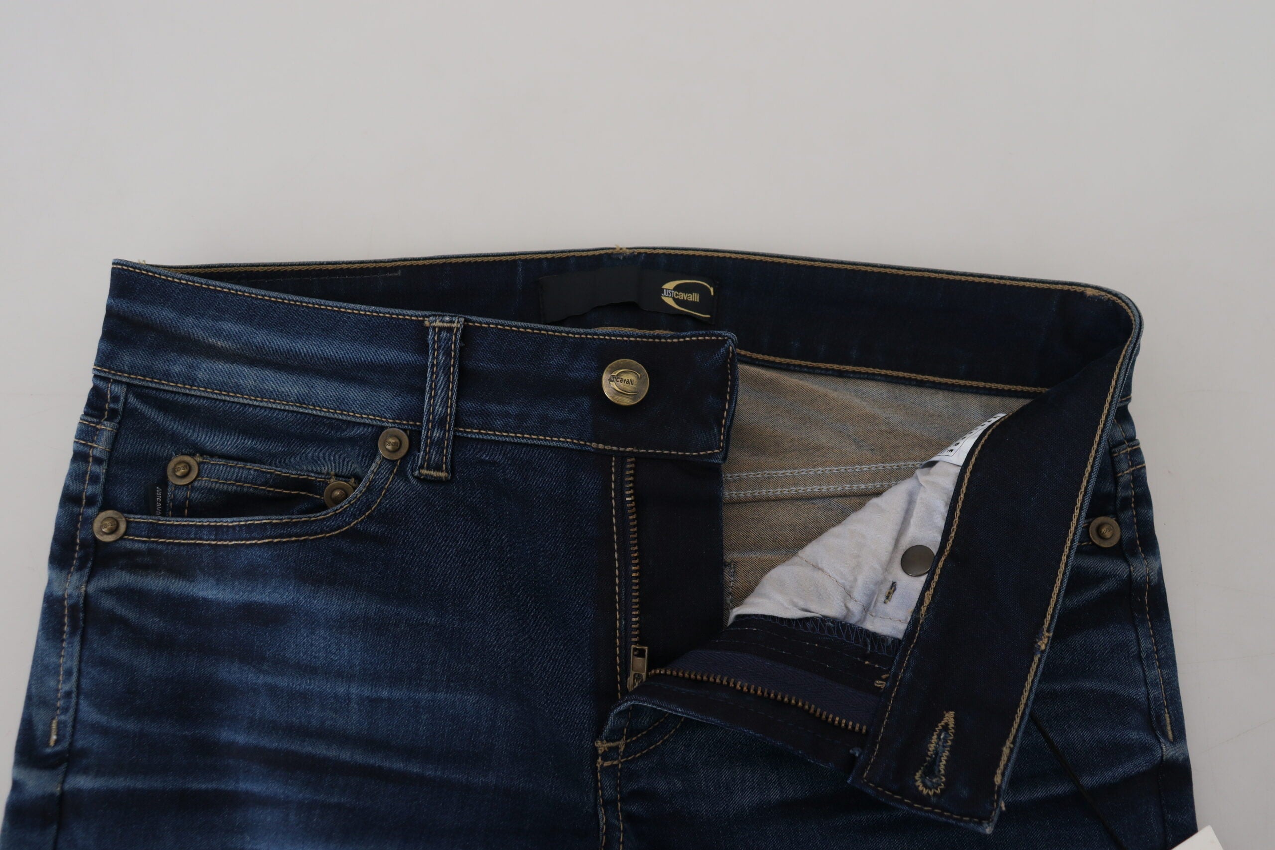 Pantaloni din denim cu talie joasă Just Cavalli Chic în albastru