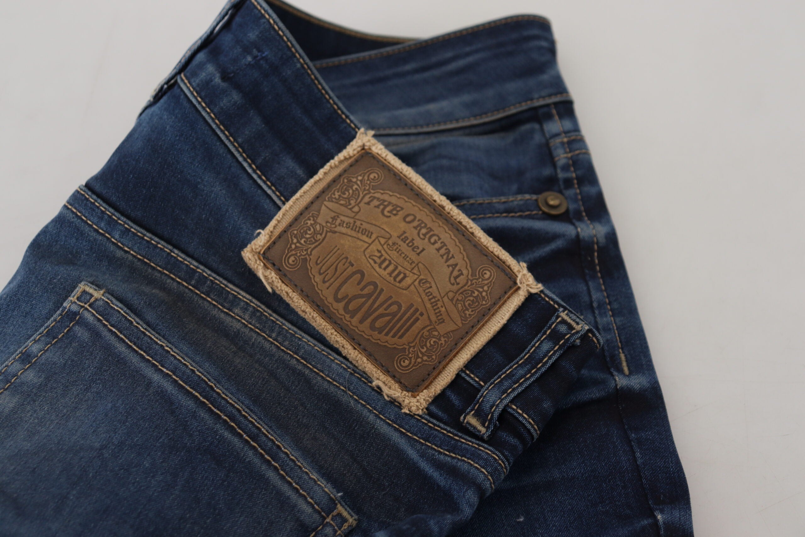 Pantaloni din denim cu talie joasă Just Cavalli Chic în albastru