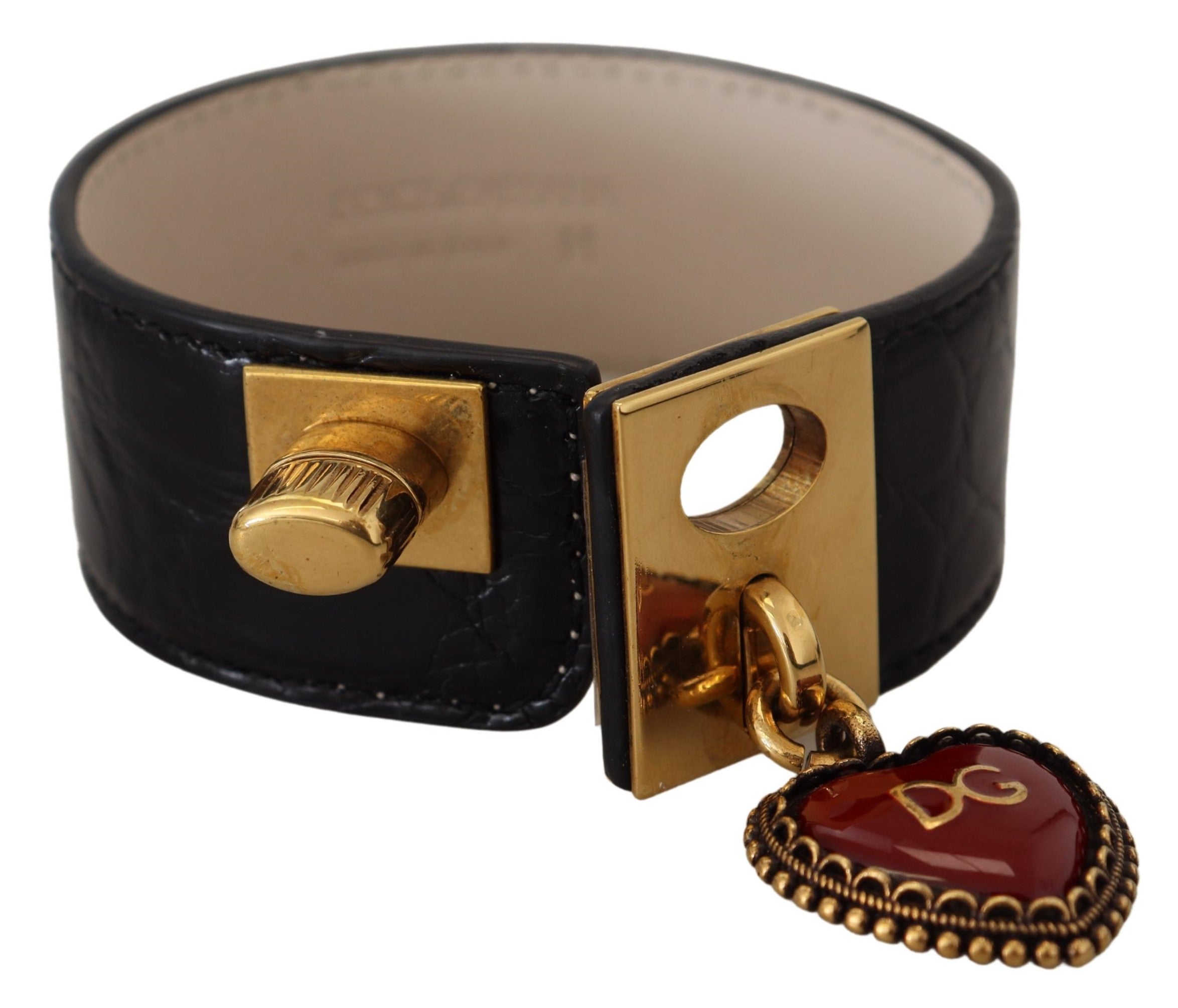 Dolce & Gabbana Elegantes schwarzes Lederarmband mit Golddetails