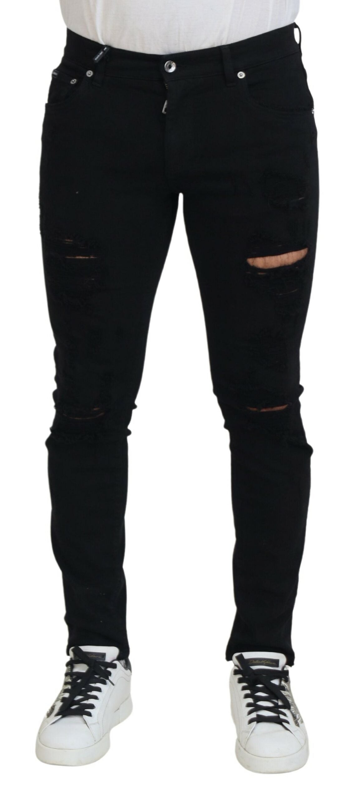 Dolce & Gabbana Svelte Schwarzer zerfetzter Slim Fit Denim