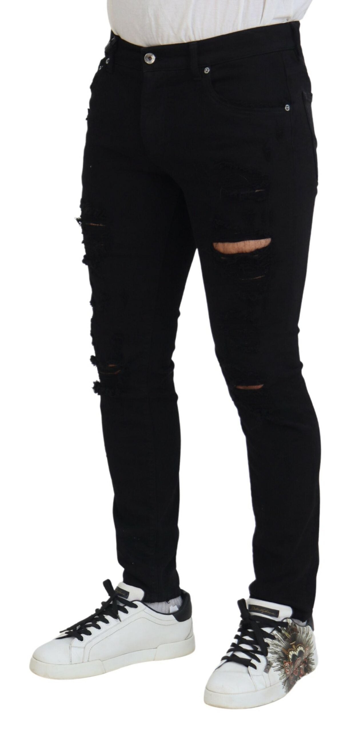 Dolce & Gabbana Svelte Schwarzer zerfetzter Slim Fit Denim