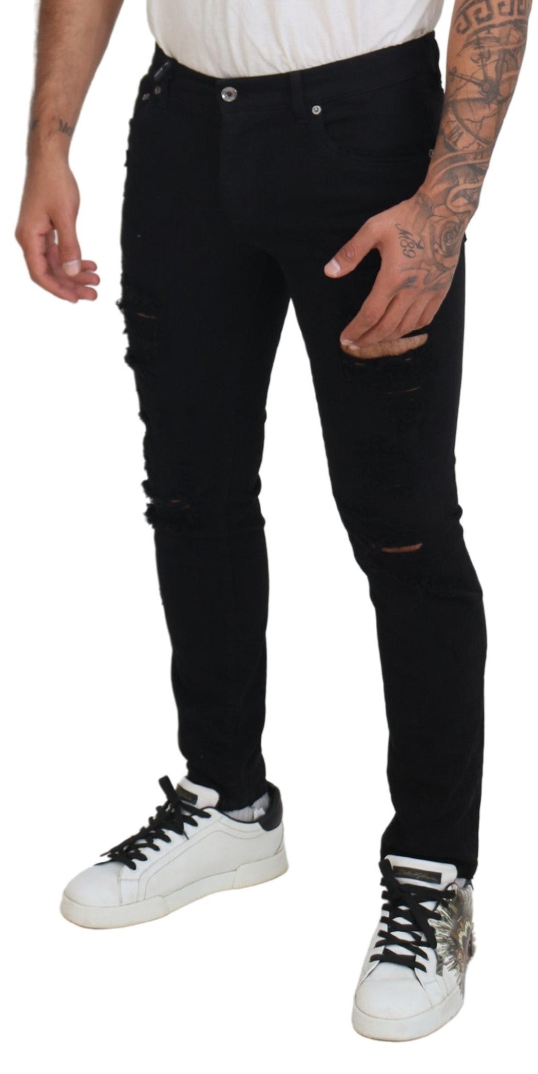 Dolce & Gabbana Svelte Schwarzer zerfetzter Slim Fit Denim
