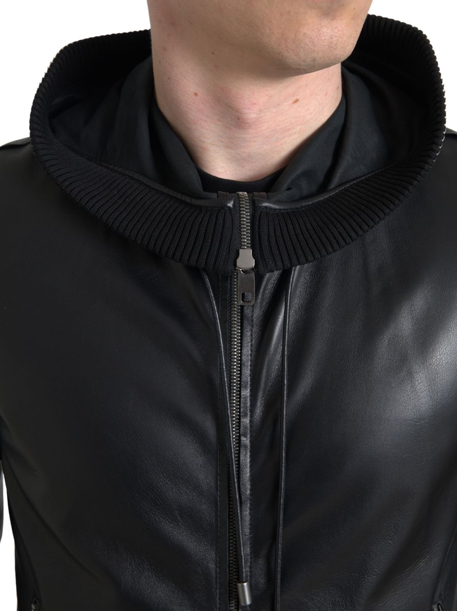 Jachetă bomber elegantă din piele neagră Dolce & Gabbana