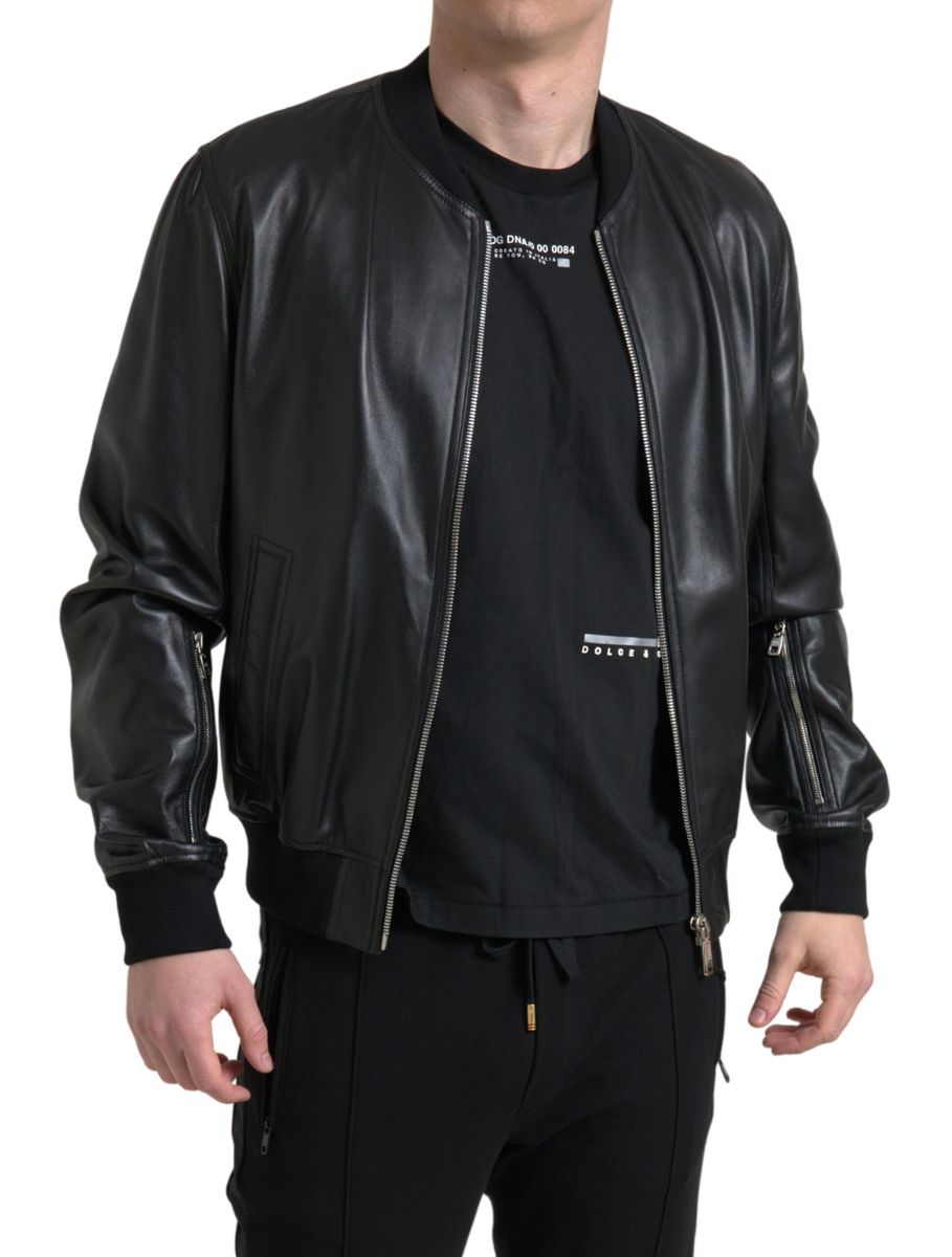 Jachetă bomber elegantă din piele neagră Dolce & Gabbana