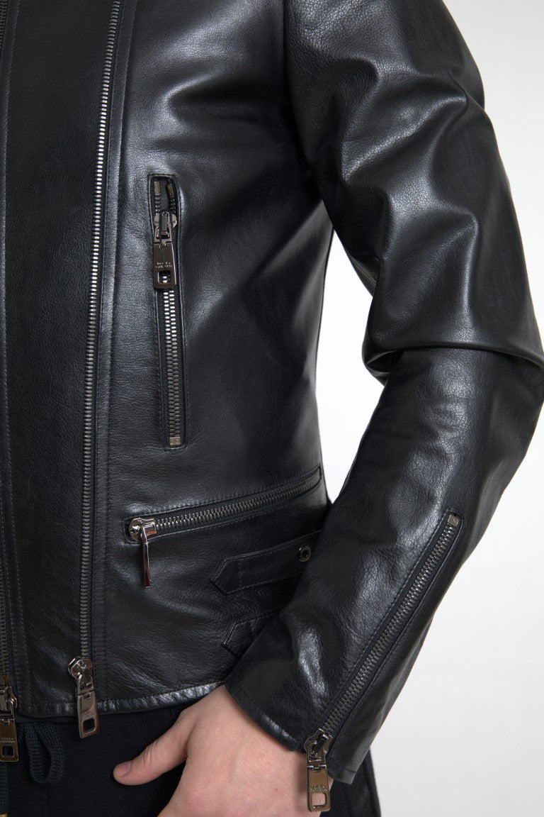 Jachetă elegantă din piele neagră cu model biker Dolce & Gabbana