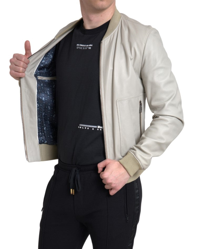 Jachetă bomber din piele crem Dolce & Gabbana