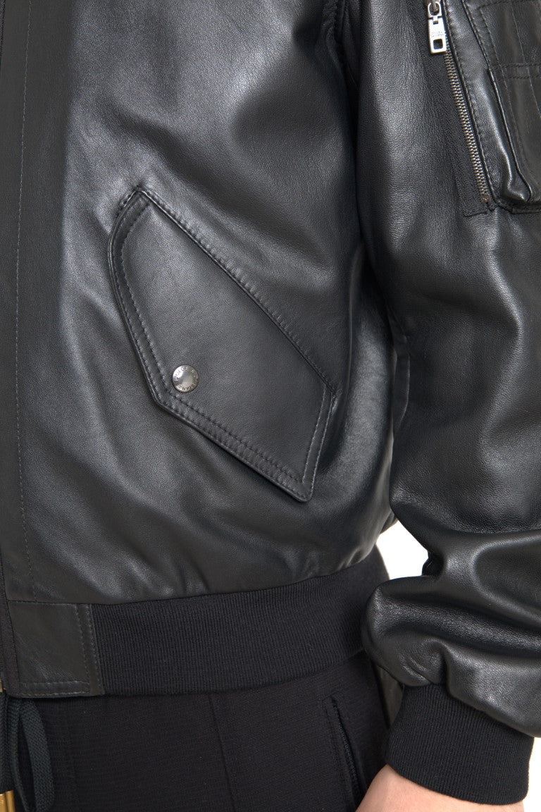 Jachetă bomber elegantă din piele neagră Dolce & Gabbana