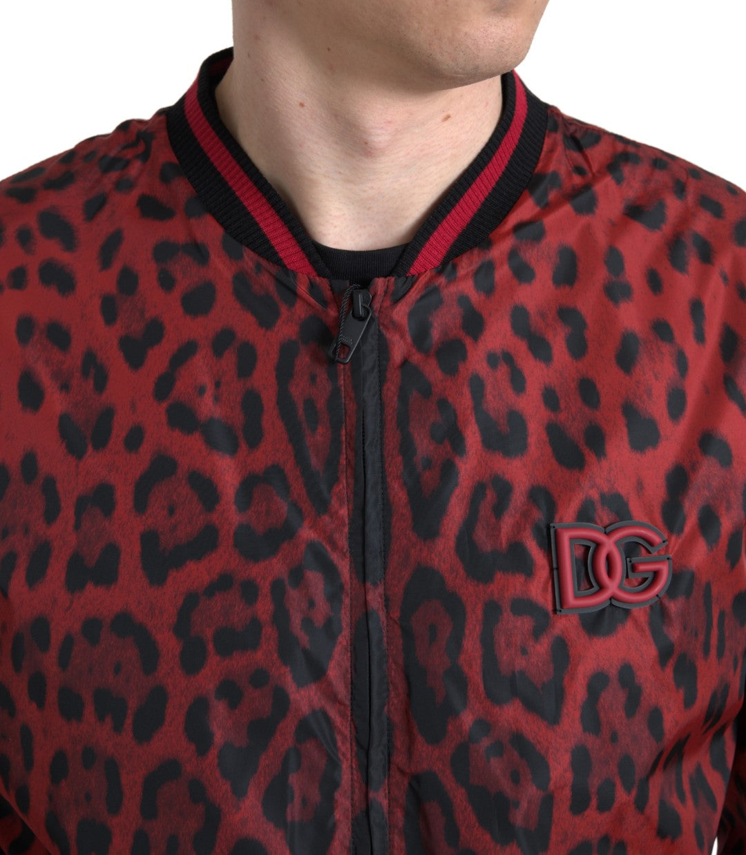Jachetă bomber roșie cu imprimeu leopard Dolce & Gabbana