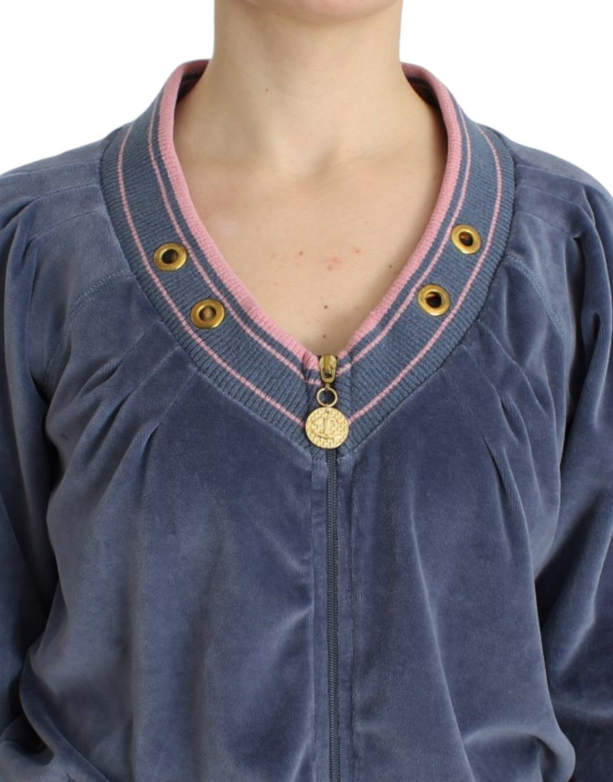 Cardigan elegant Cavalli albastru cu fermoar și detalii aurii