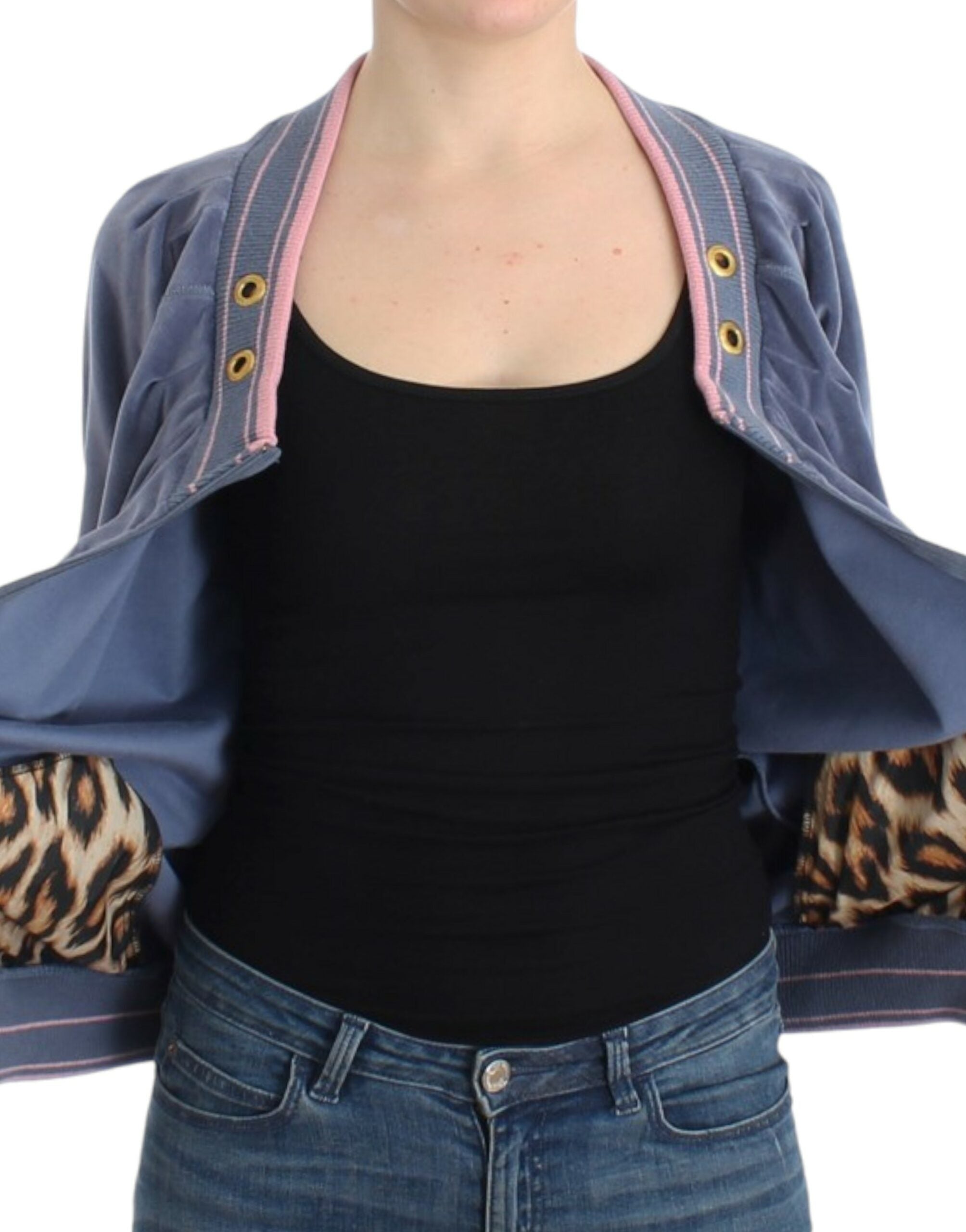 Cardigan elegant Cavalli albastru cu fermoar și detalii aurii