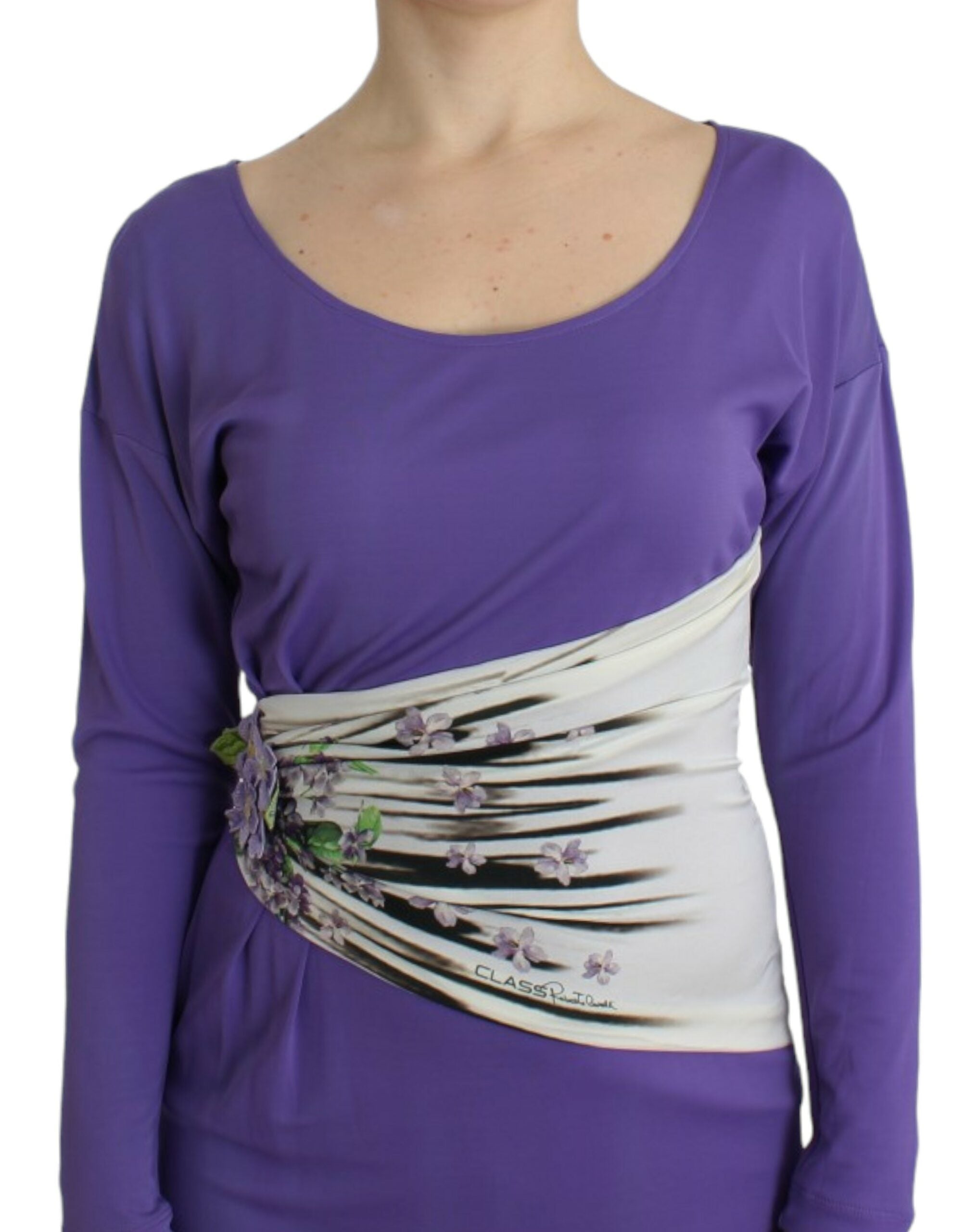 Cavalli – Elegantes Jerseykleid mit Blumenmuster in Lila