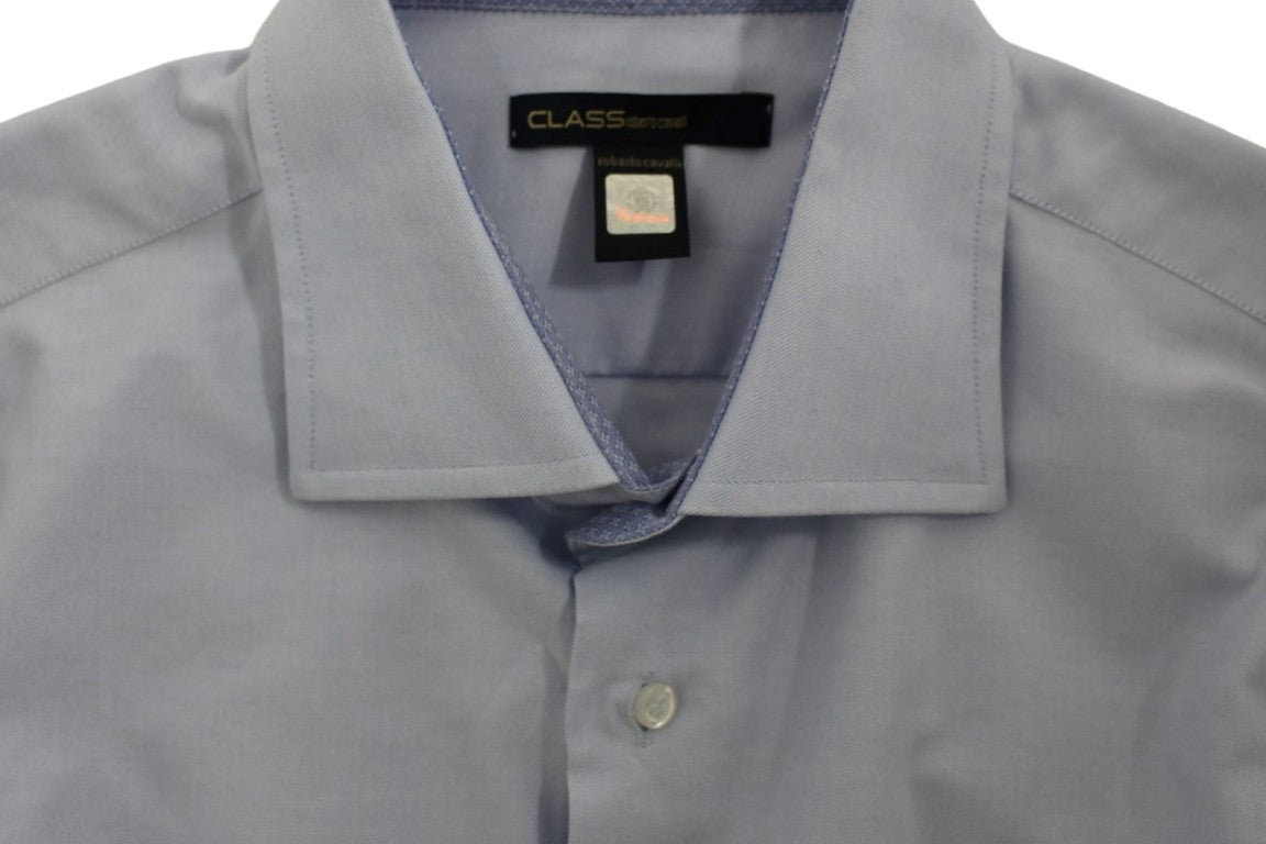 Cămașă elegantă Cavalli albastru deschis din bumbac italian
