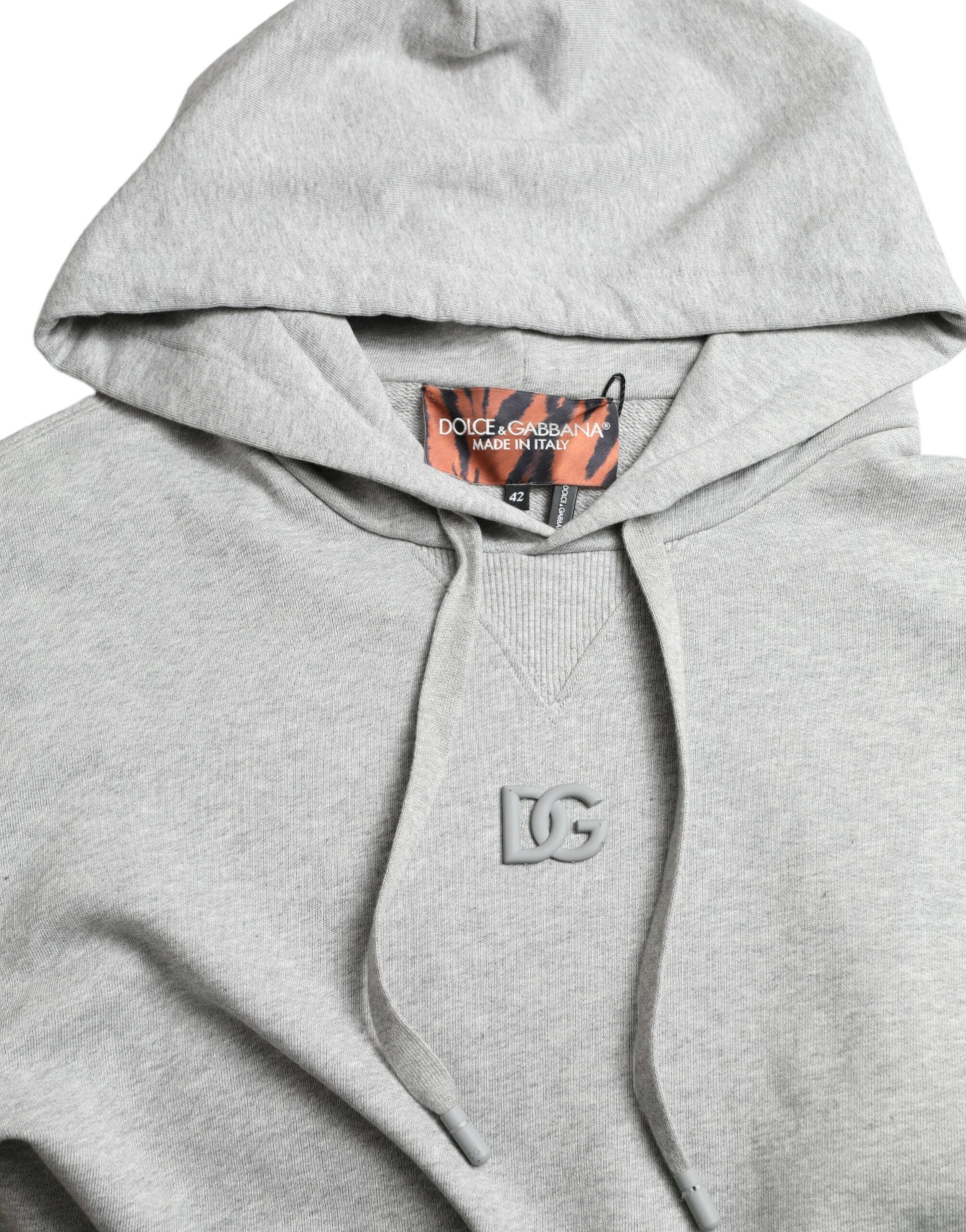 Dolce & Gabbana Schicker grauer Baumwollpullover mit Kapuze und Logo