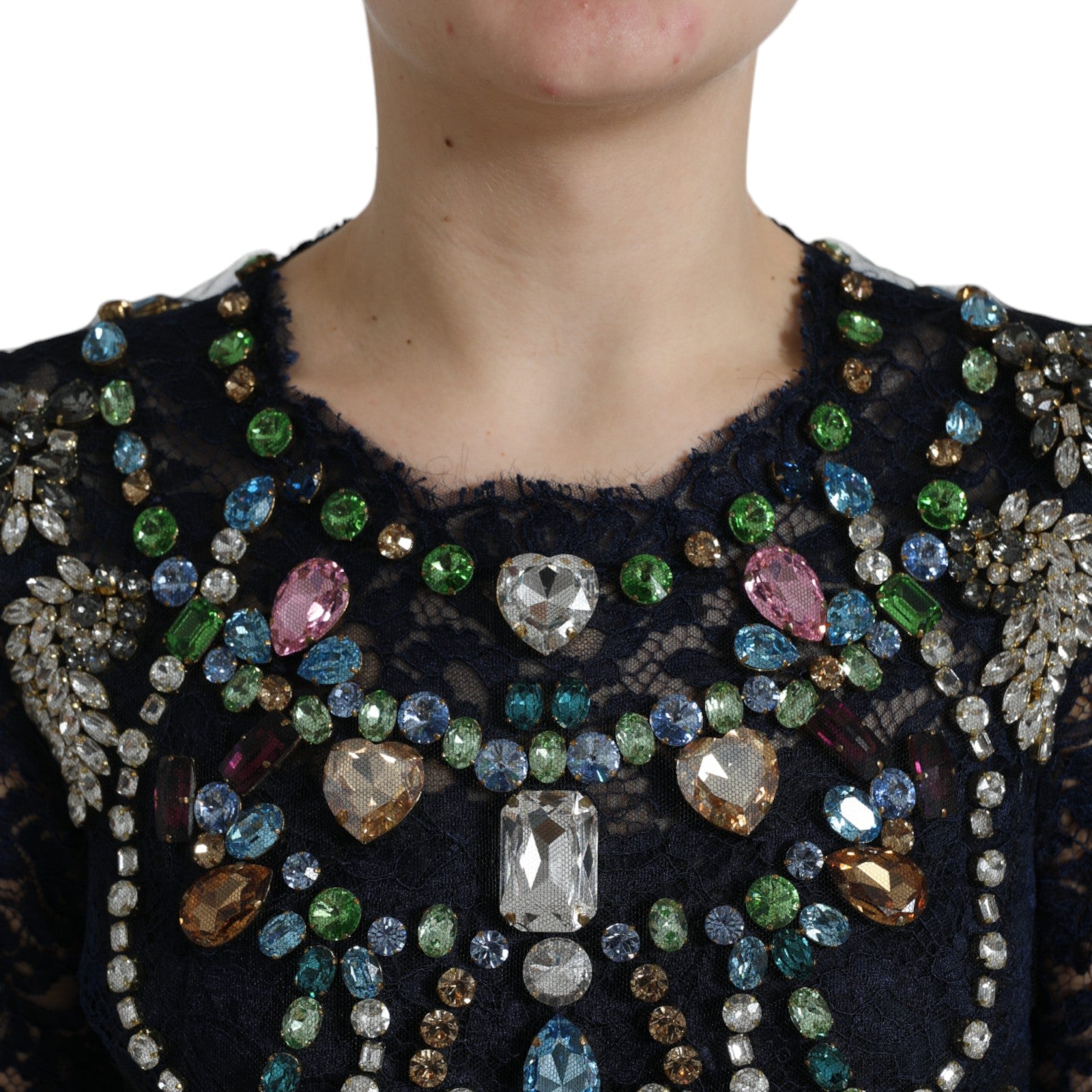 Dolce & Gabbana – Marineblaues ausgestelltes Kleid mit Kristallverzierung
