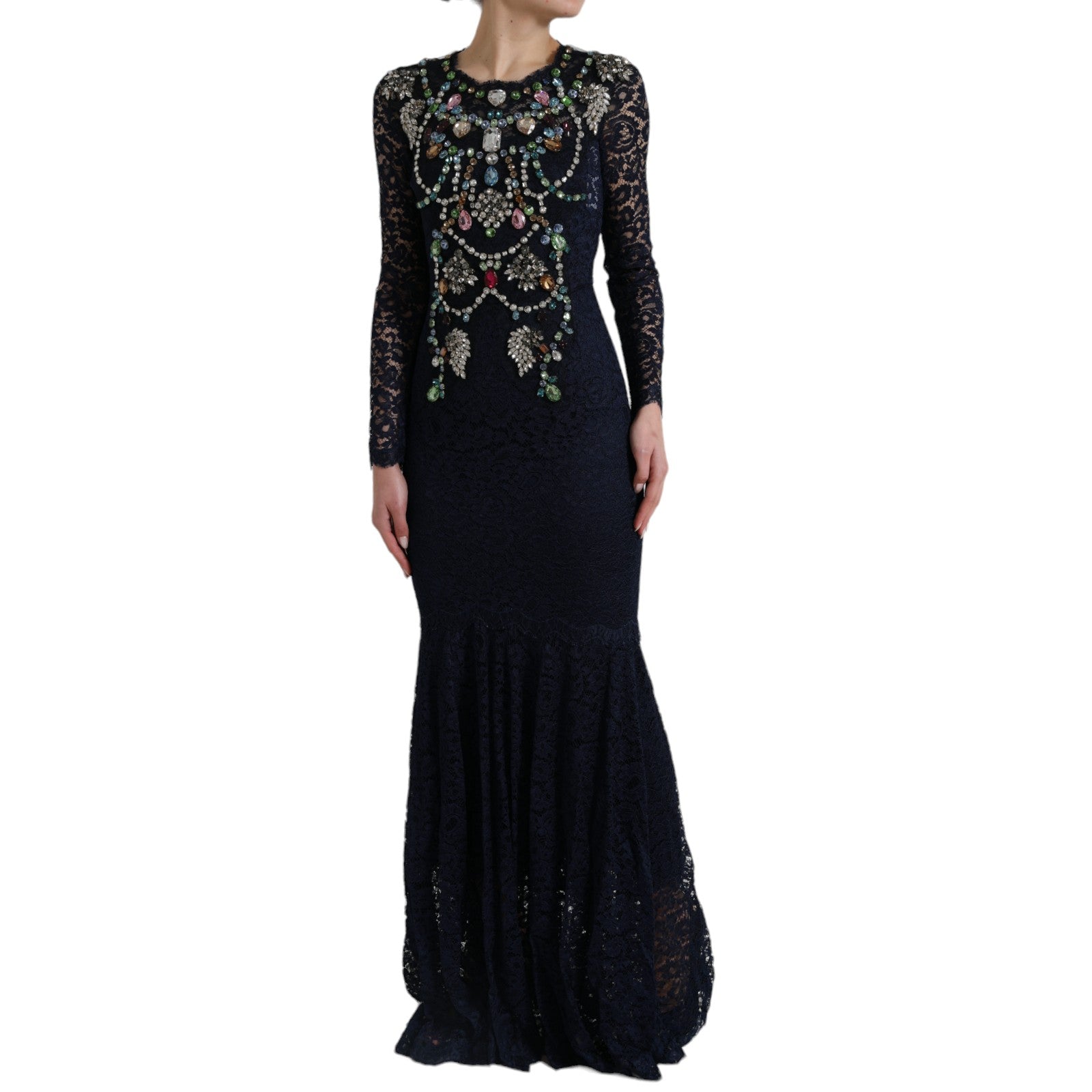 Dolce & Gabbana – Marineblaues ausgestelltes Kleid mit Kristallverzierung