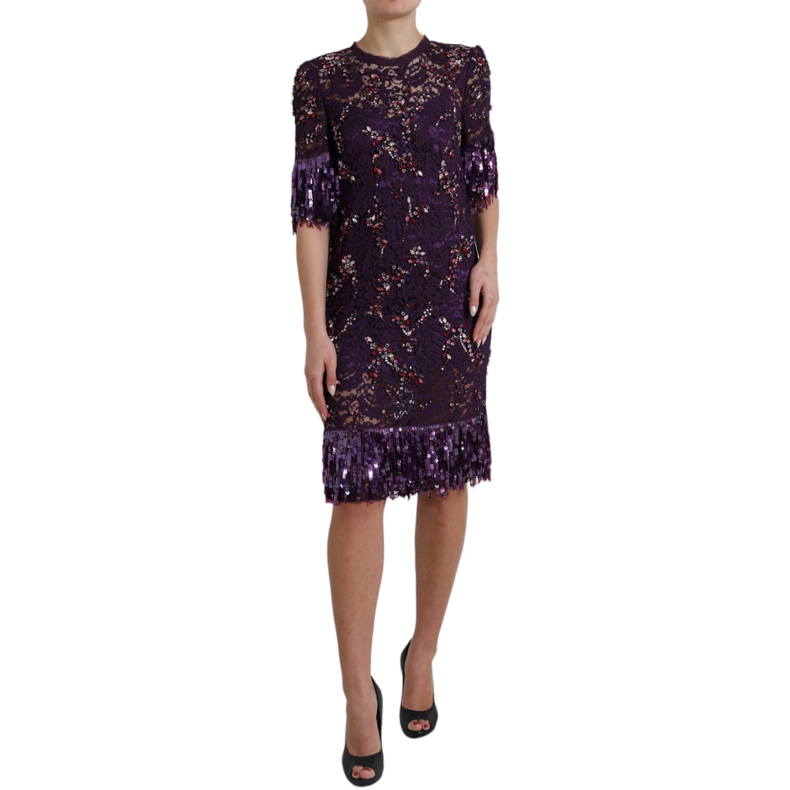 Dolce & Gabbana Elegantes lila Kleid mit Blumenspitze und Kristallen