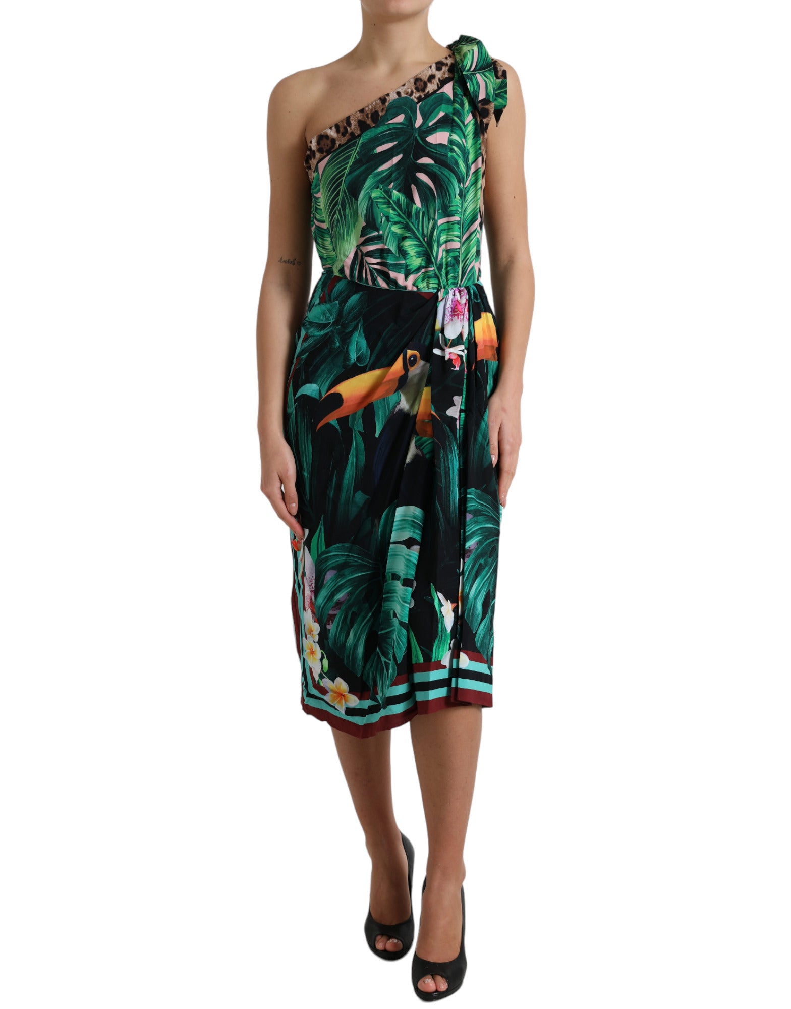 Rochie Dolce & Gabbana cu imprimeu tropical Jungle și un umăr