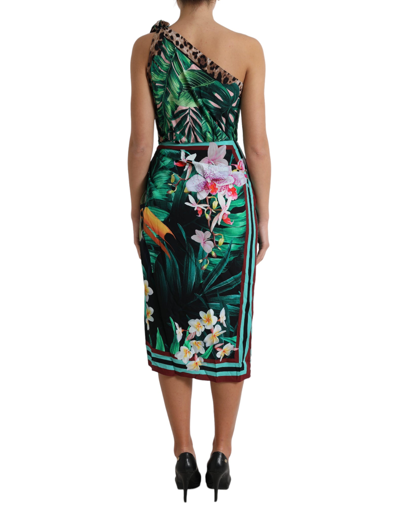 Rochie Dolce & Gabbana cu imprimeu tropical Jungle și un umăr