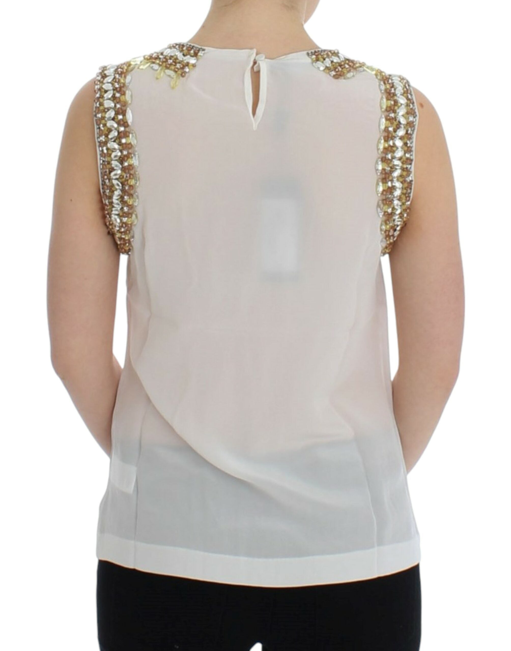 Dolce & Gabbana Elegante ärmellose Seidenbluse mit Kristallverzierung