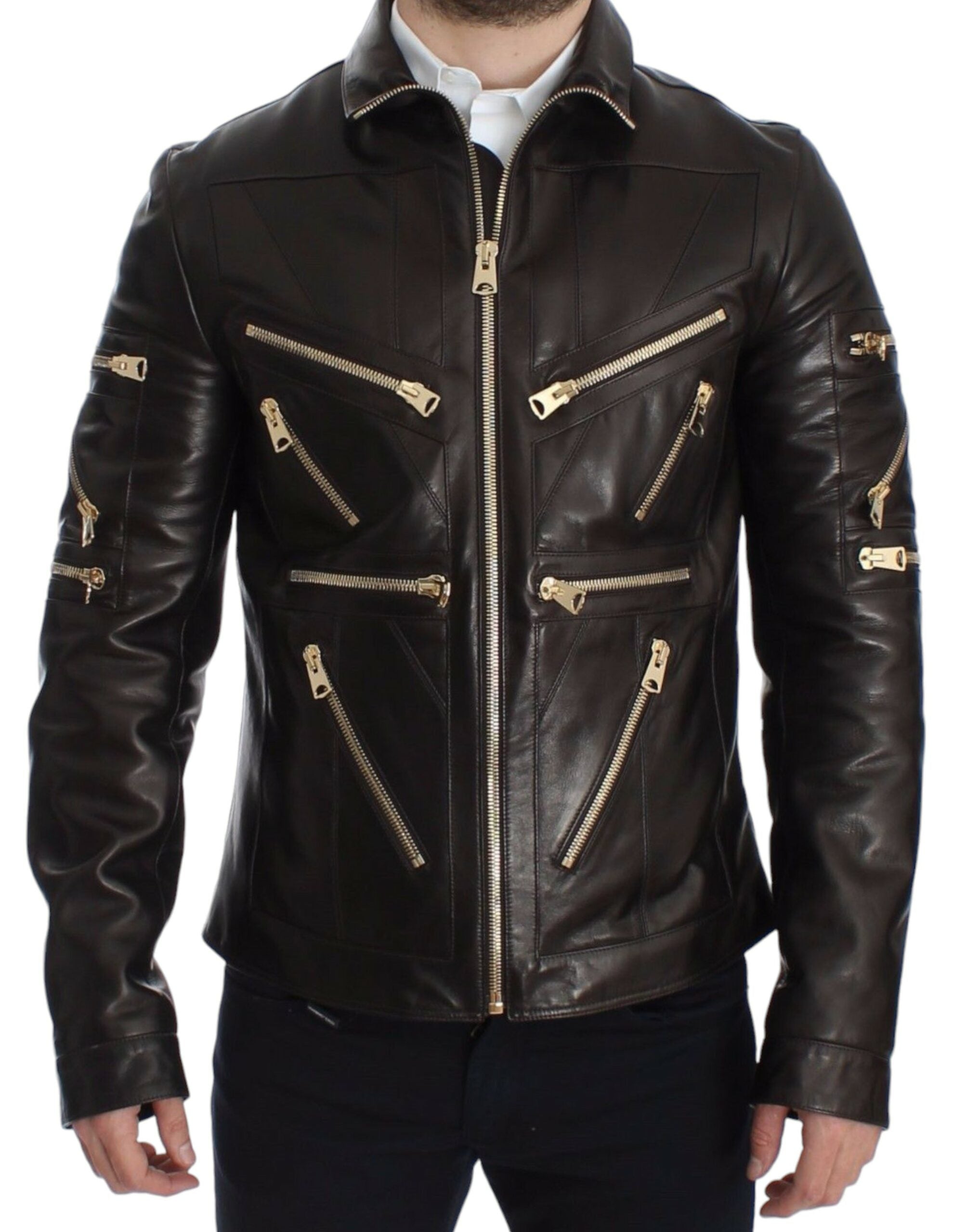 Dolce & Gabbana Elegante braune Lederjacke mit Golddetails