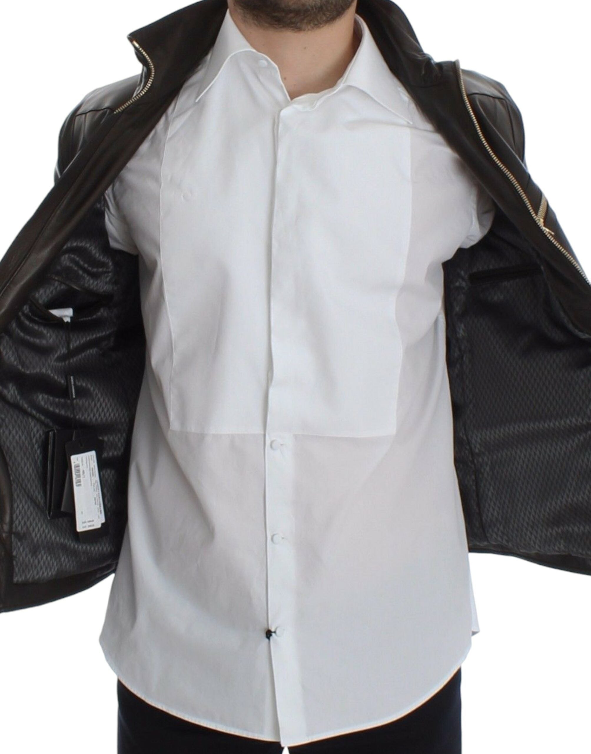 Dolce & Gabbana Elegante braune Lederjacke mit Golddetails