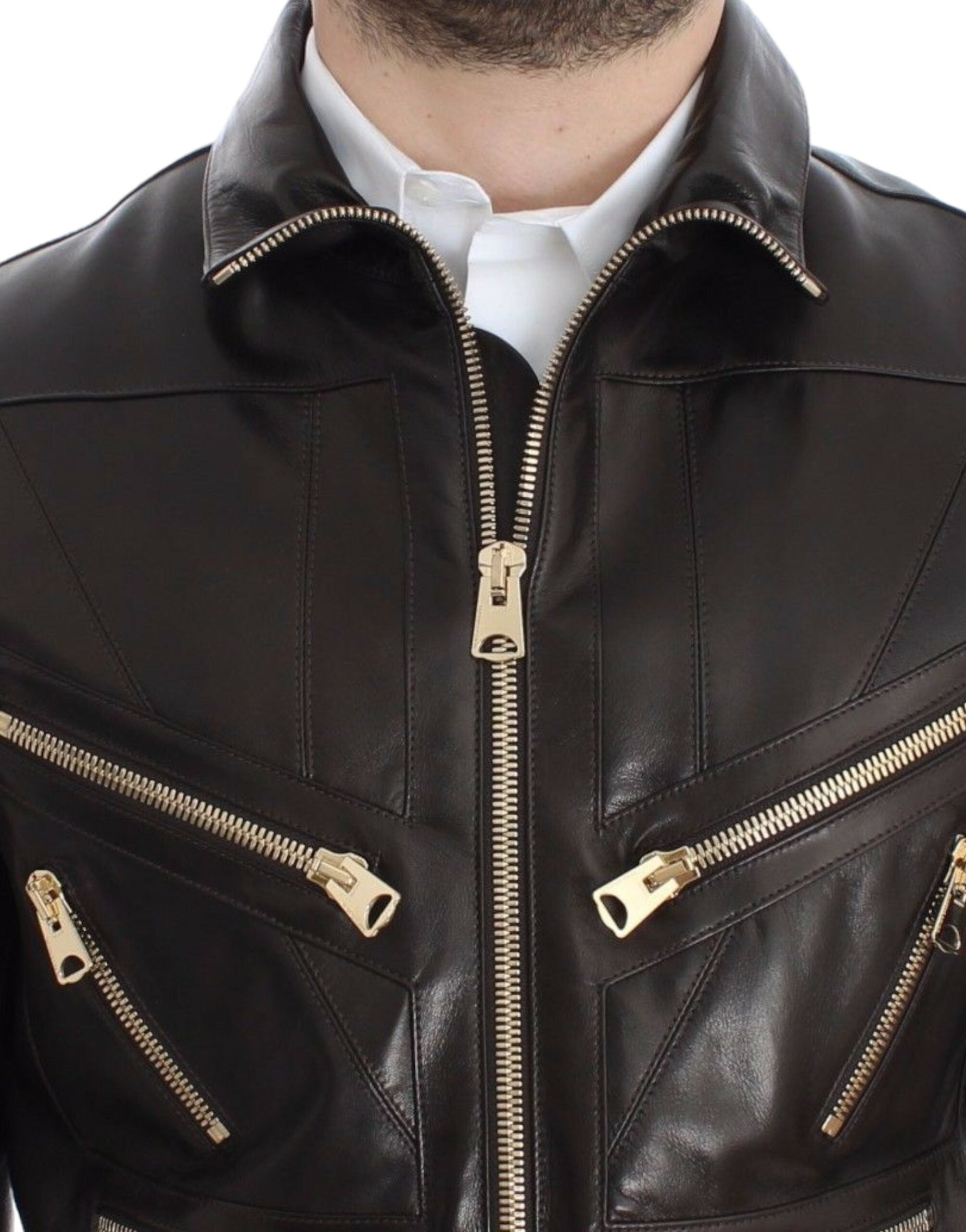 Dolce & Gabbana Elegante braune Lederjacke mit Golddetails
