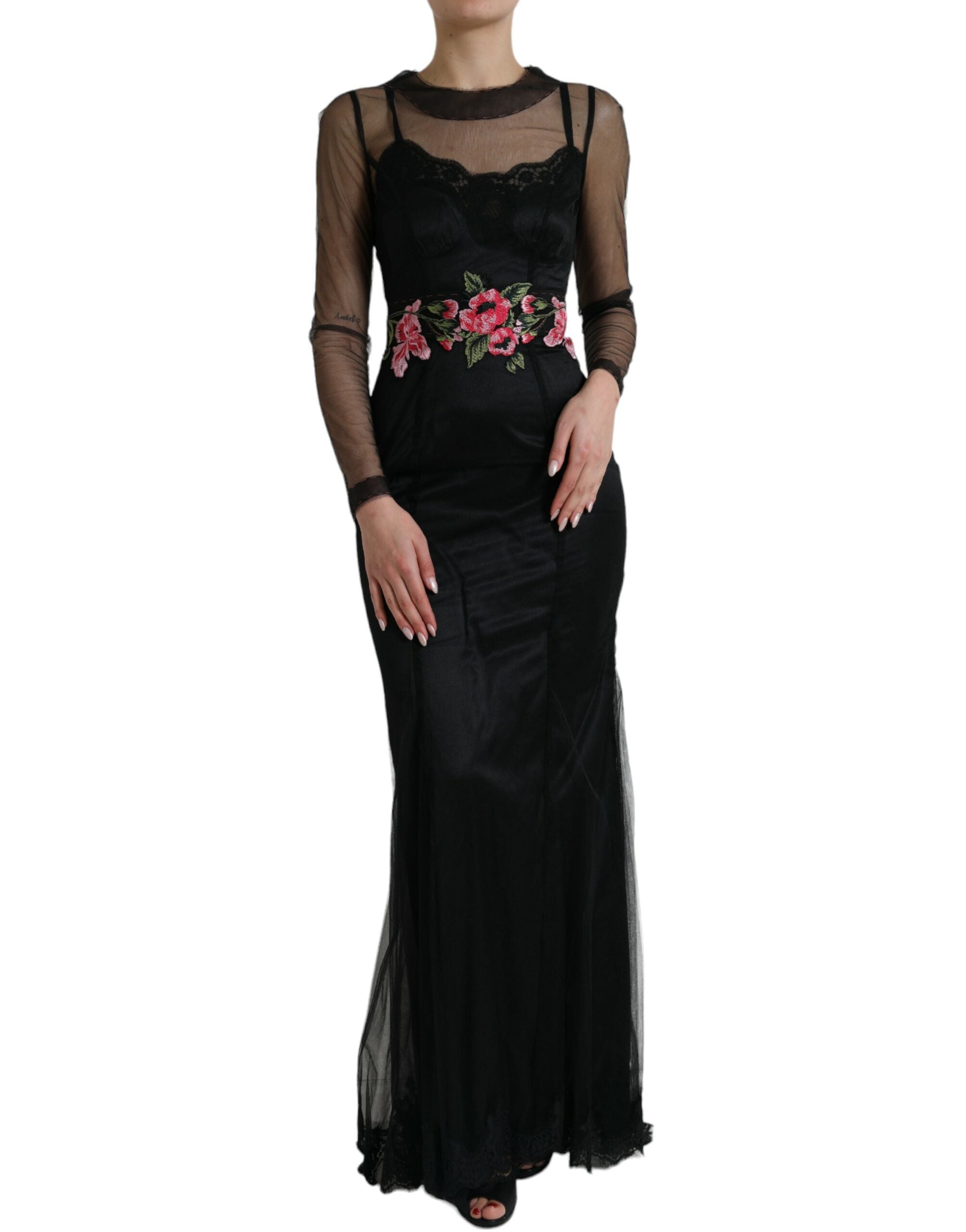 Rochie lungă de seară din tul cu broderie florală Dolce & Gabbana