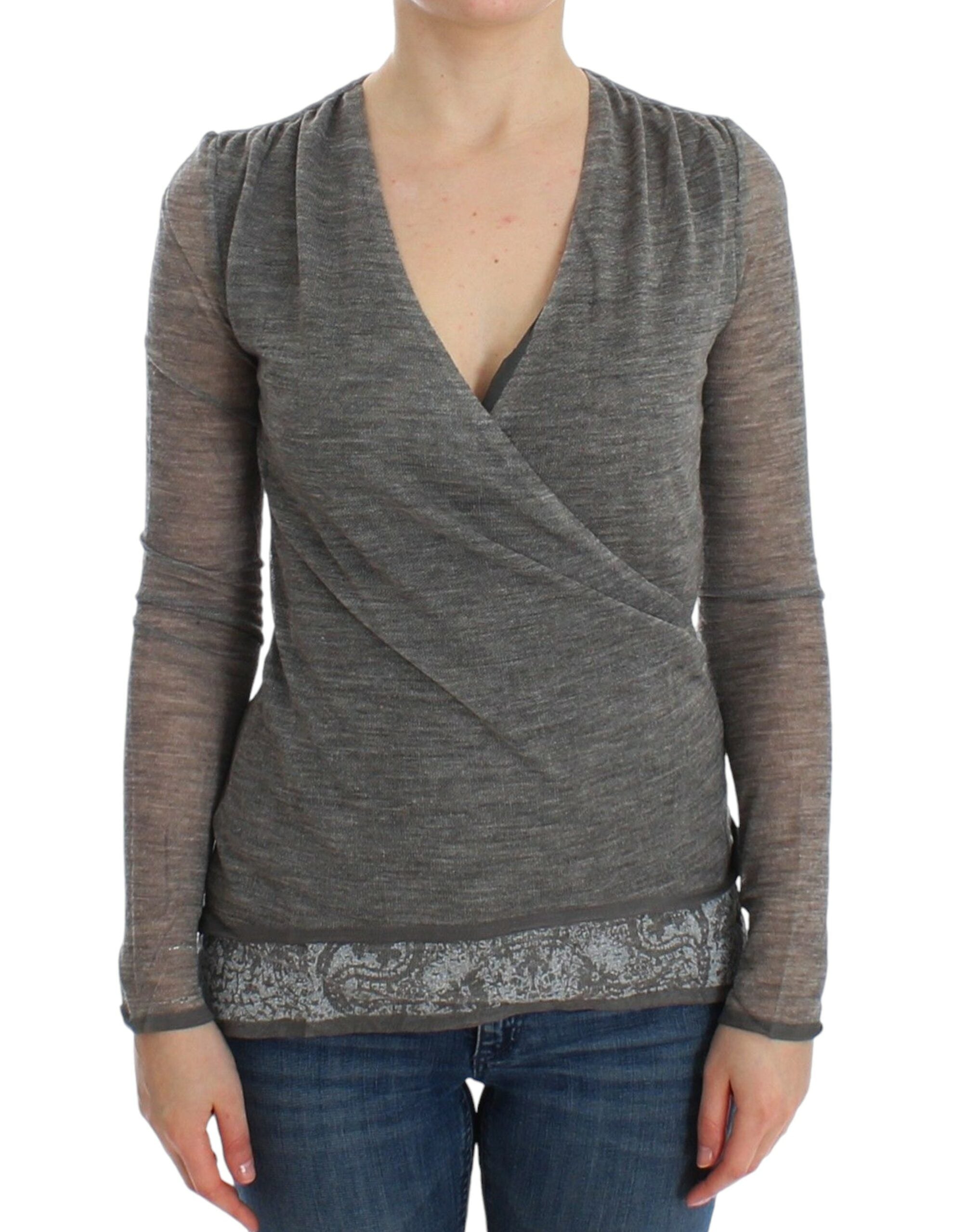 Ermanno Scervino Eleganter Pullover aus grauer Wollmischung mit tiefem V-Ausschnitt