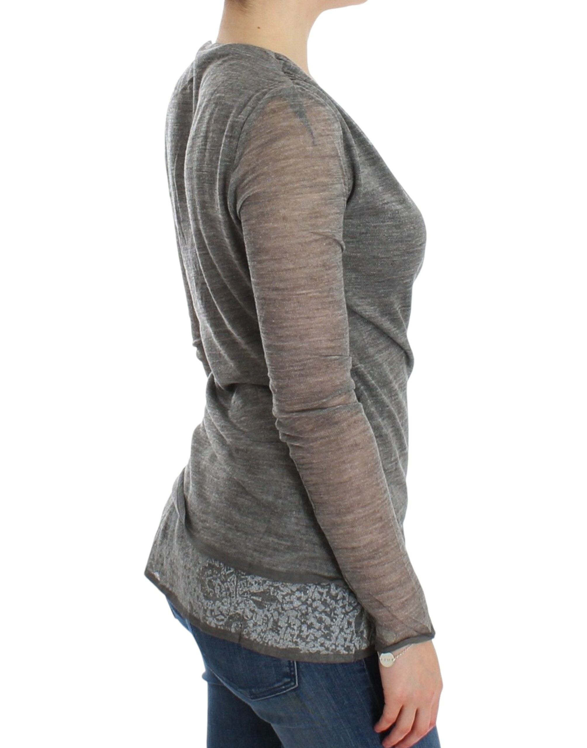 Ermanno Scervino Eleganter Pullover aus grauer Wollmischung mit tiefem V-Ausschnitt