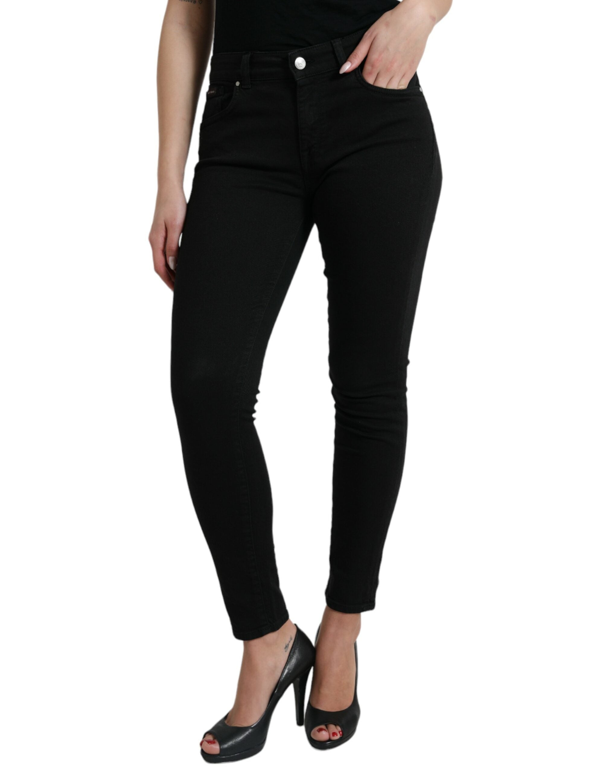 Blugi elastici Dolce & Gabbana Chic negri cu talie medie