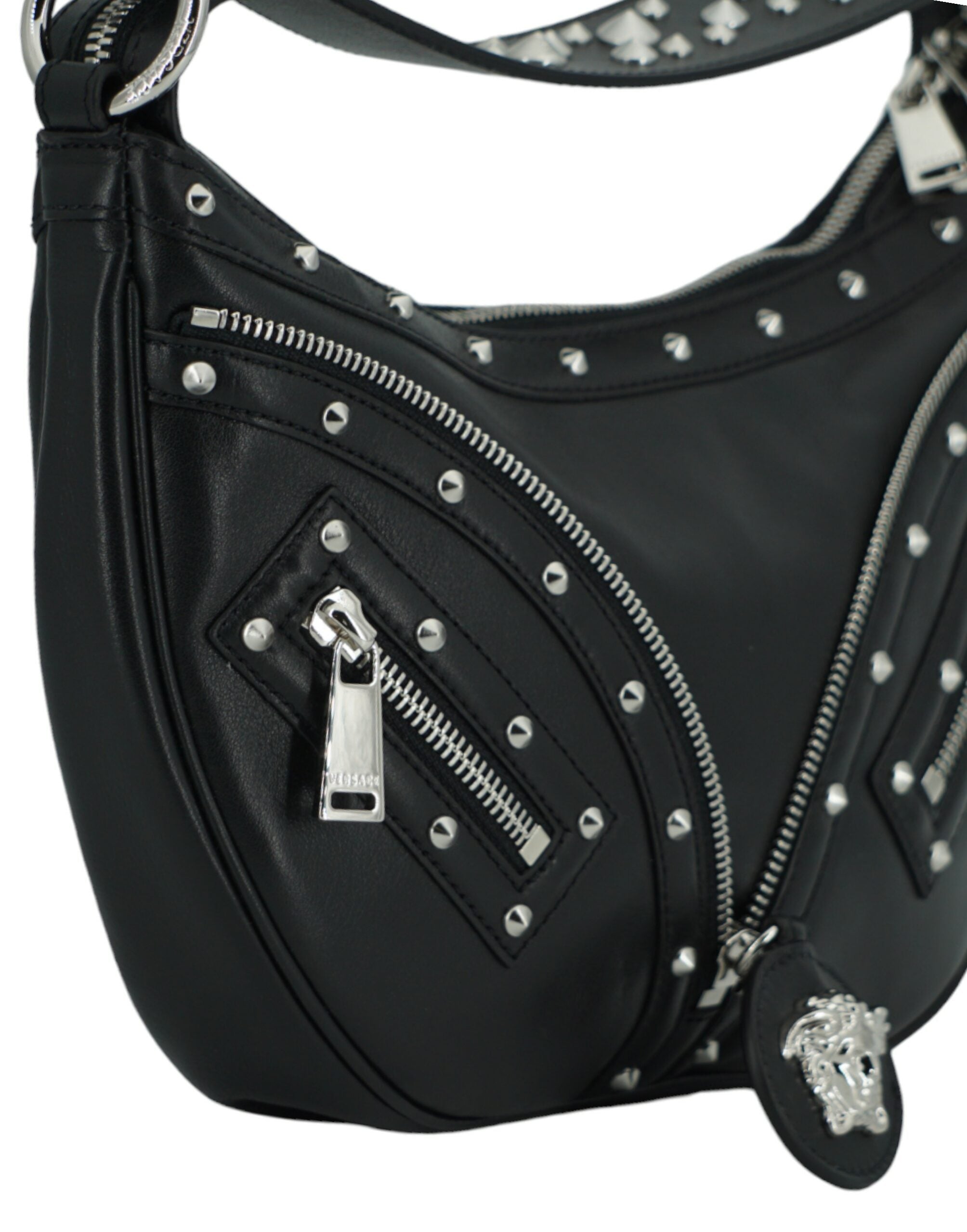 Versace Elegante Hobo-Umhängetasche aus schwarzem Leder