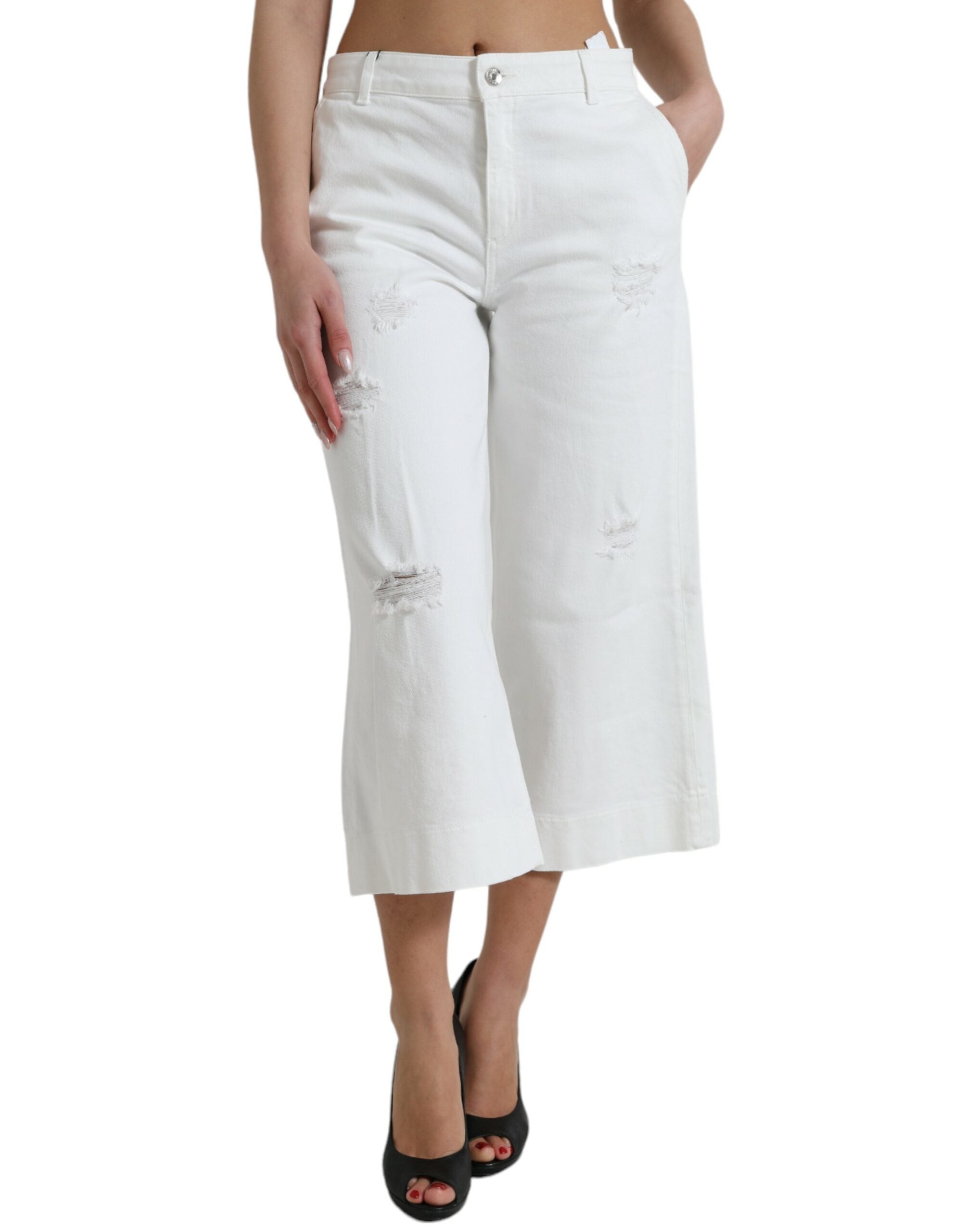 Blugi eleganți crop din denim cu talie medie Dolce & Gabbana, albi