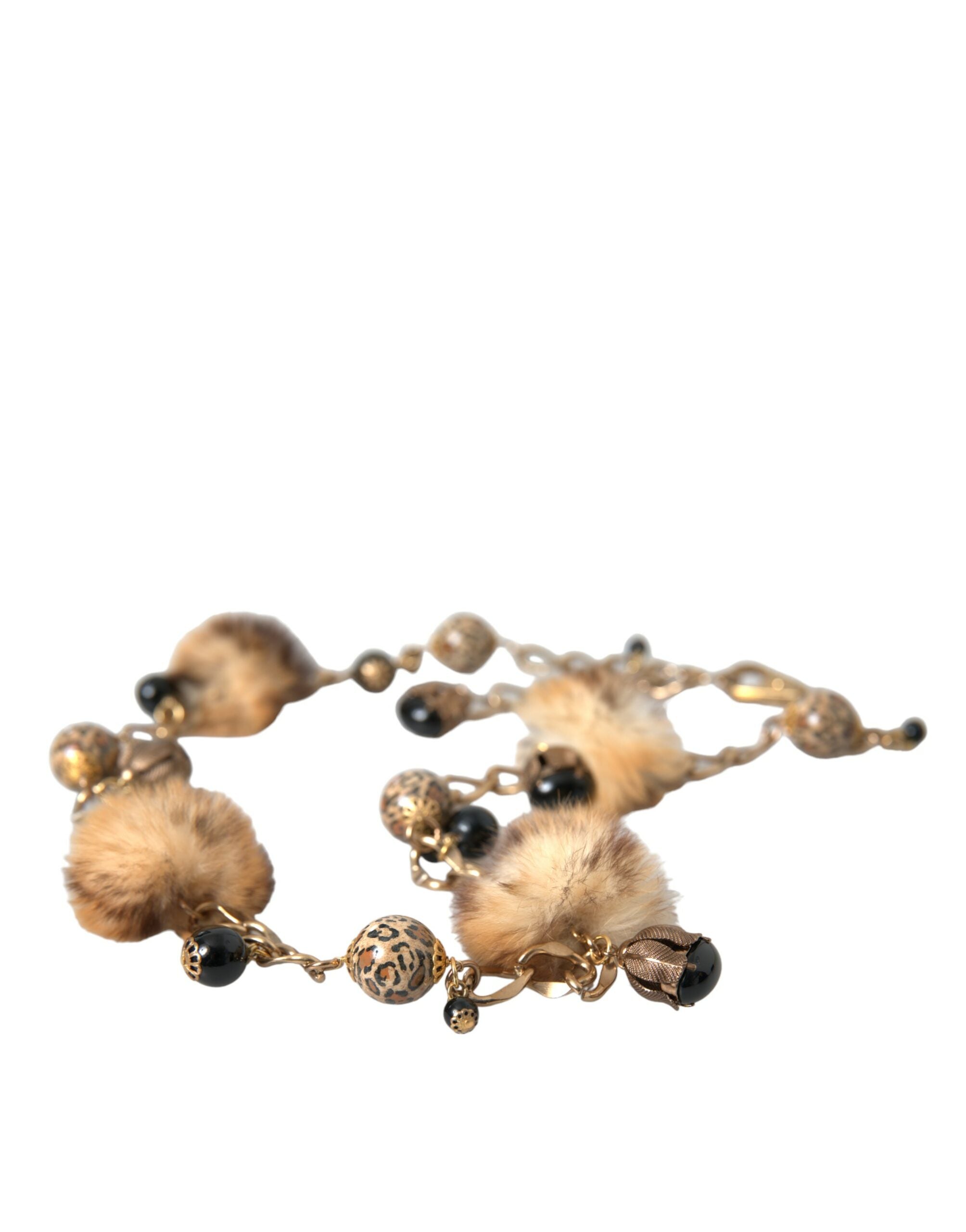 Dolce & Gabbana – Collier-Kettengürtel aus goldenem Messing mit Leopardenfell und Perlen