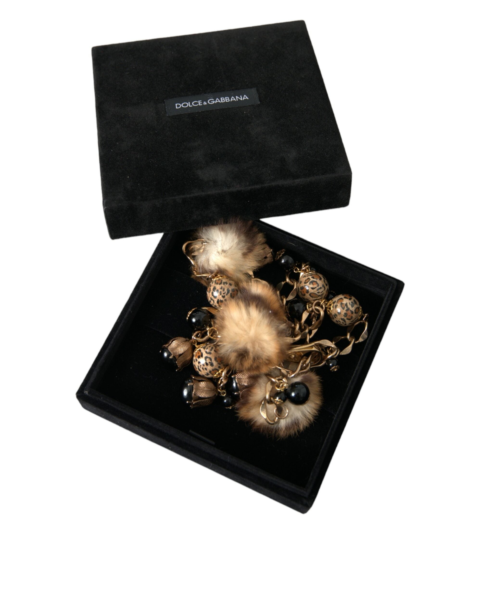 Dolce & Gabbana – Collier-Kettengürtel aus goldenem Messing mit Leopardenfell und Perlen